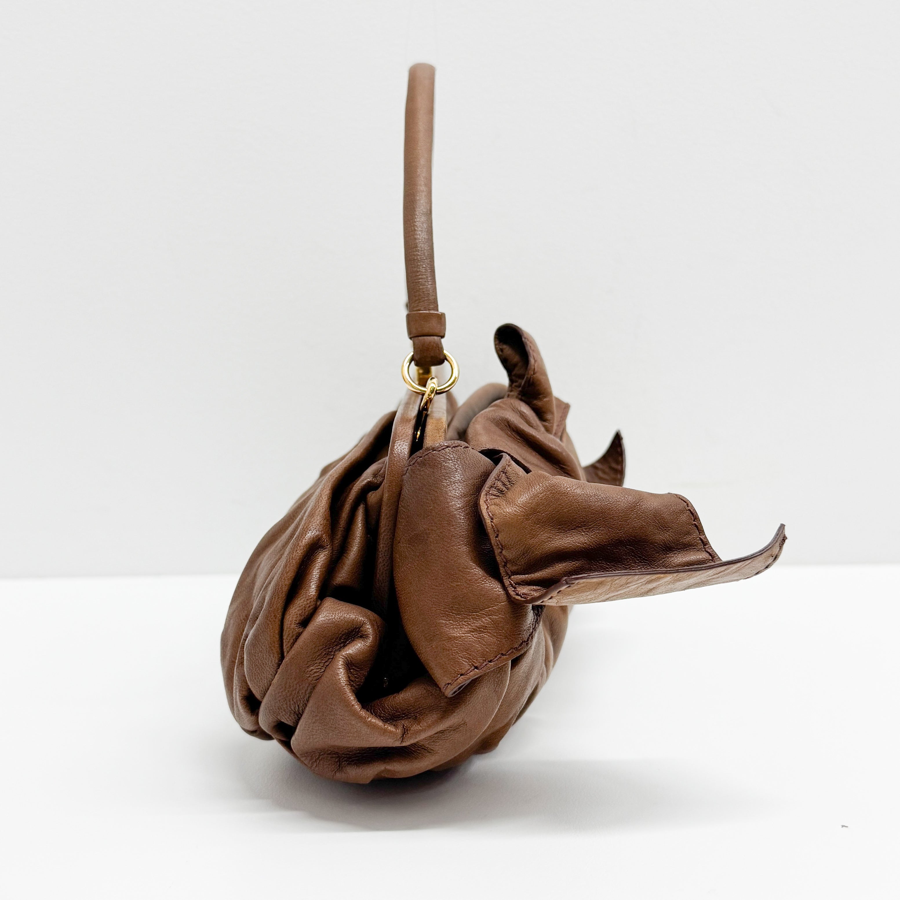 Bow Brown Leather Clutch/Hand Bag