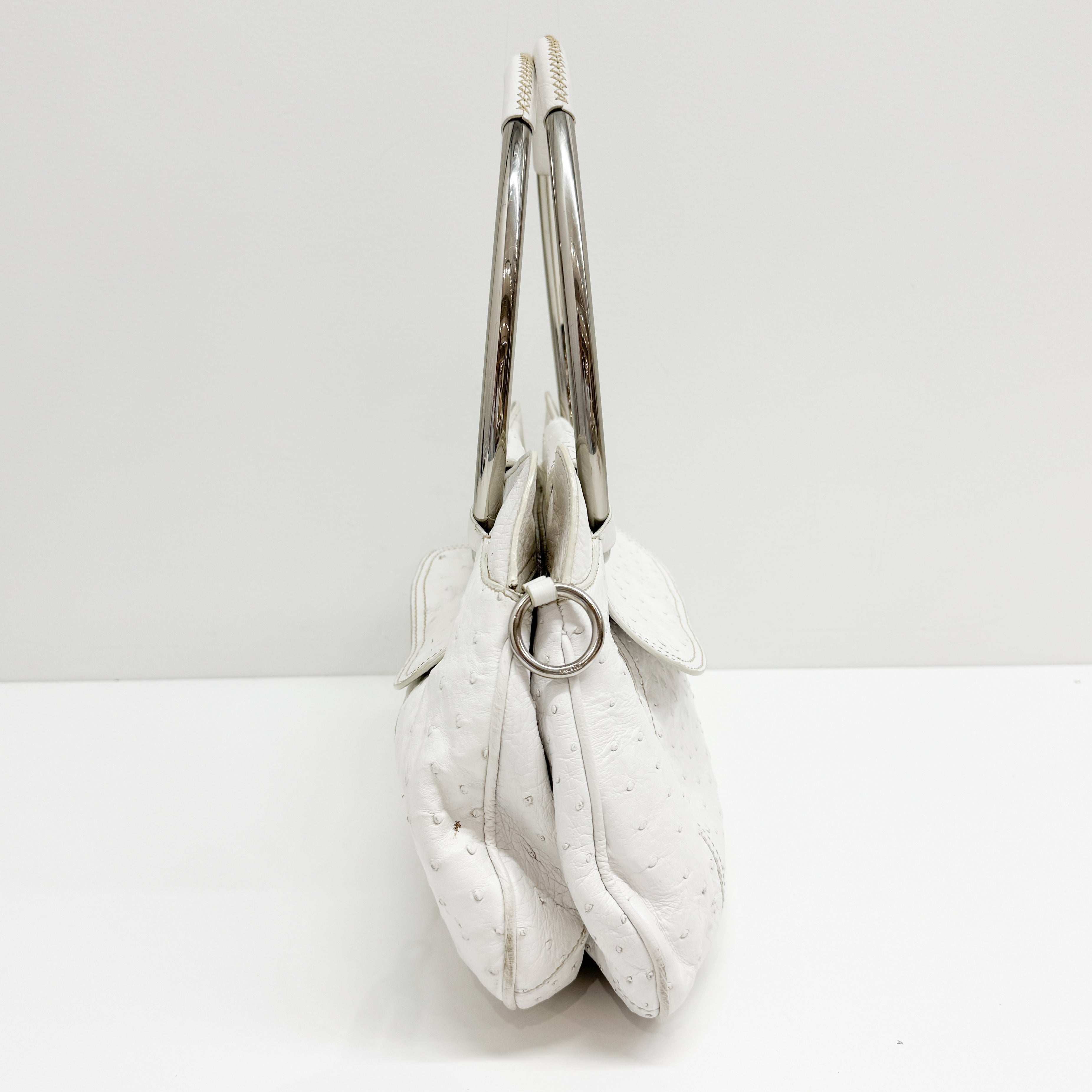 White Ostrich Embossed Leather Shoulder Bag