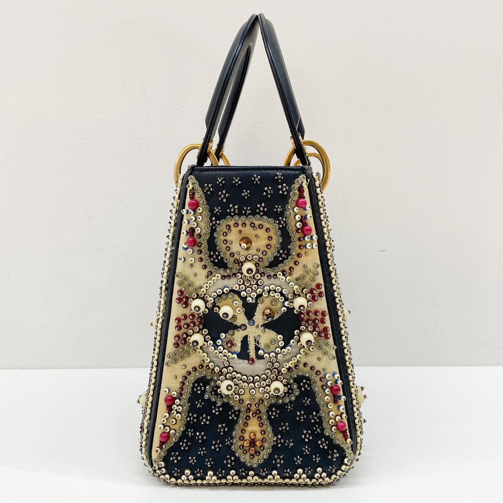 Lady Dior Black Leather Embroided Beads Bag