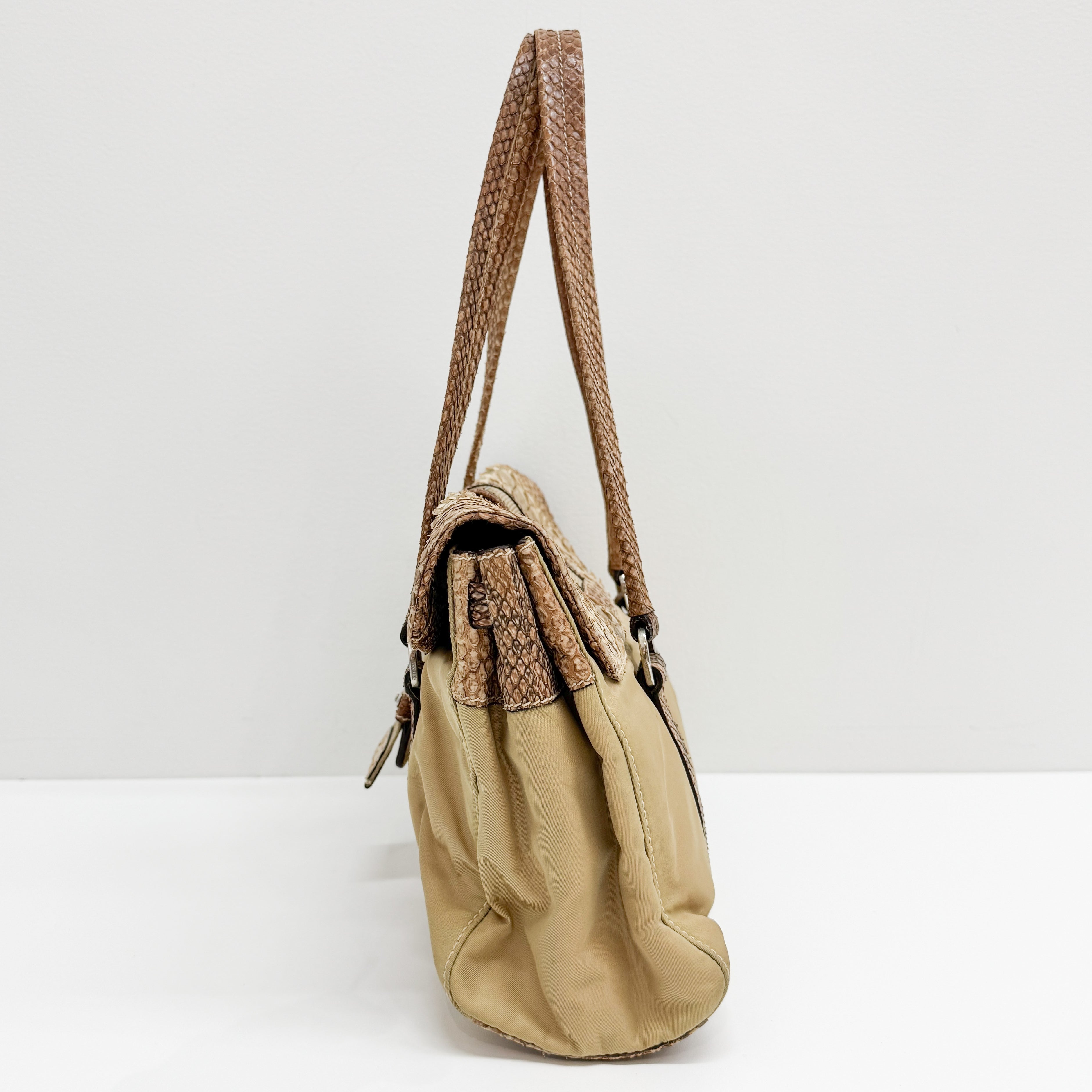 Python Embossed Beige Nylon Shoulder Bag