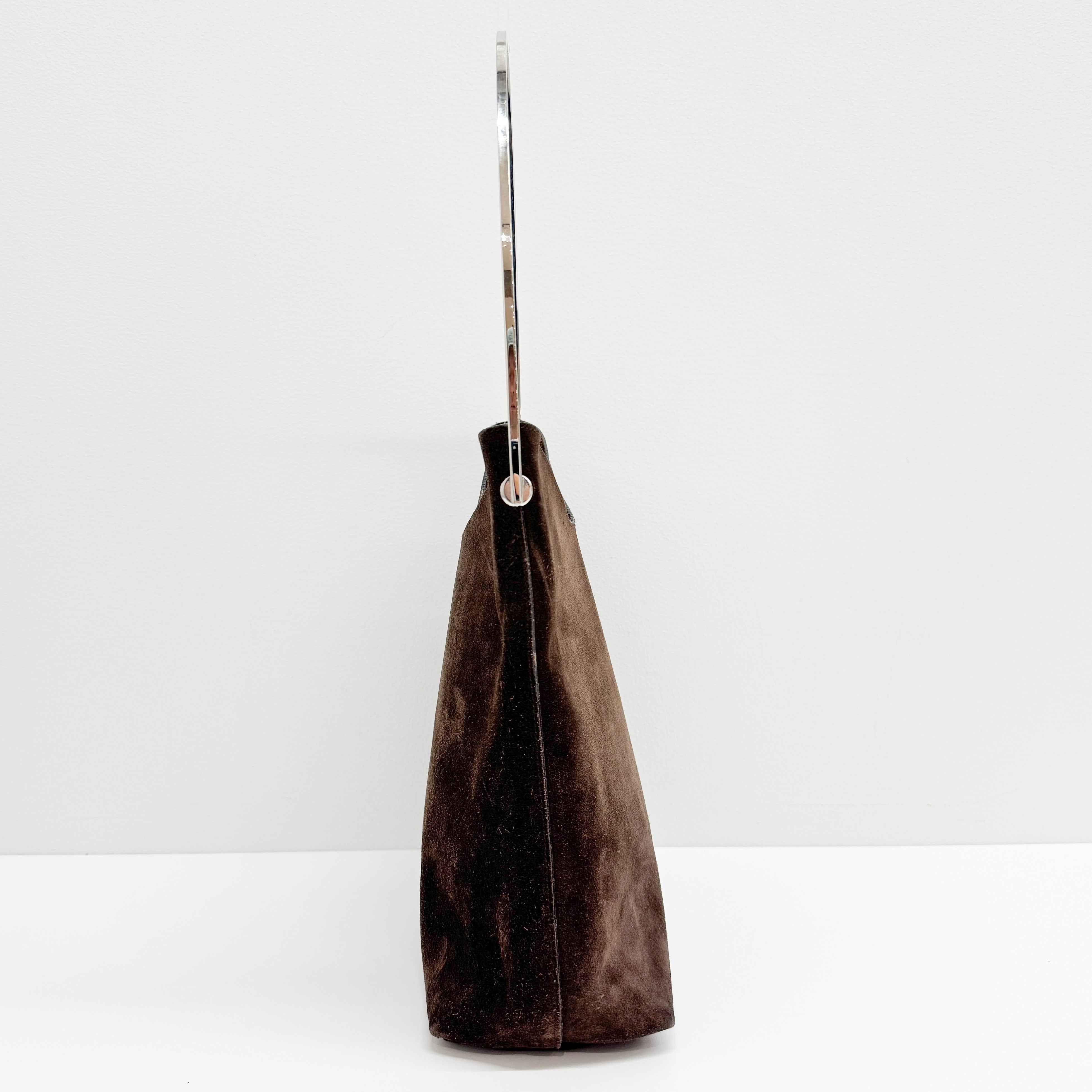 Brown Suede with Silver-tone Handle Shoulder Bag