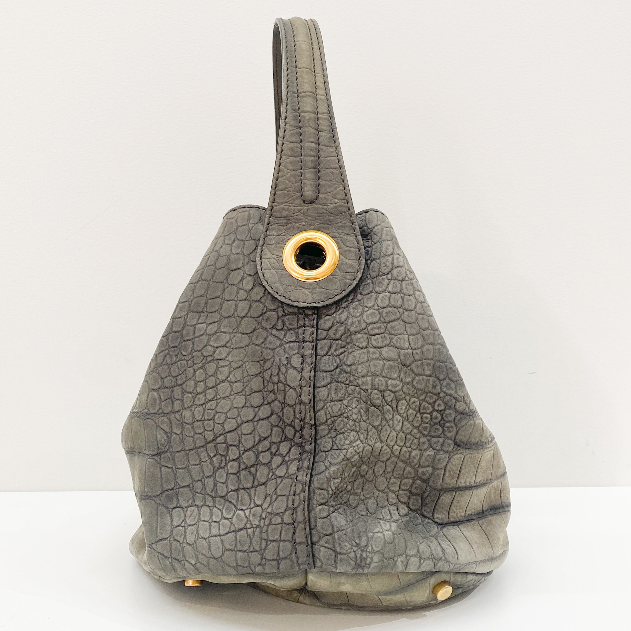 Grey Crocodile Embossed Nubuck Leather Hobo Bag