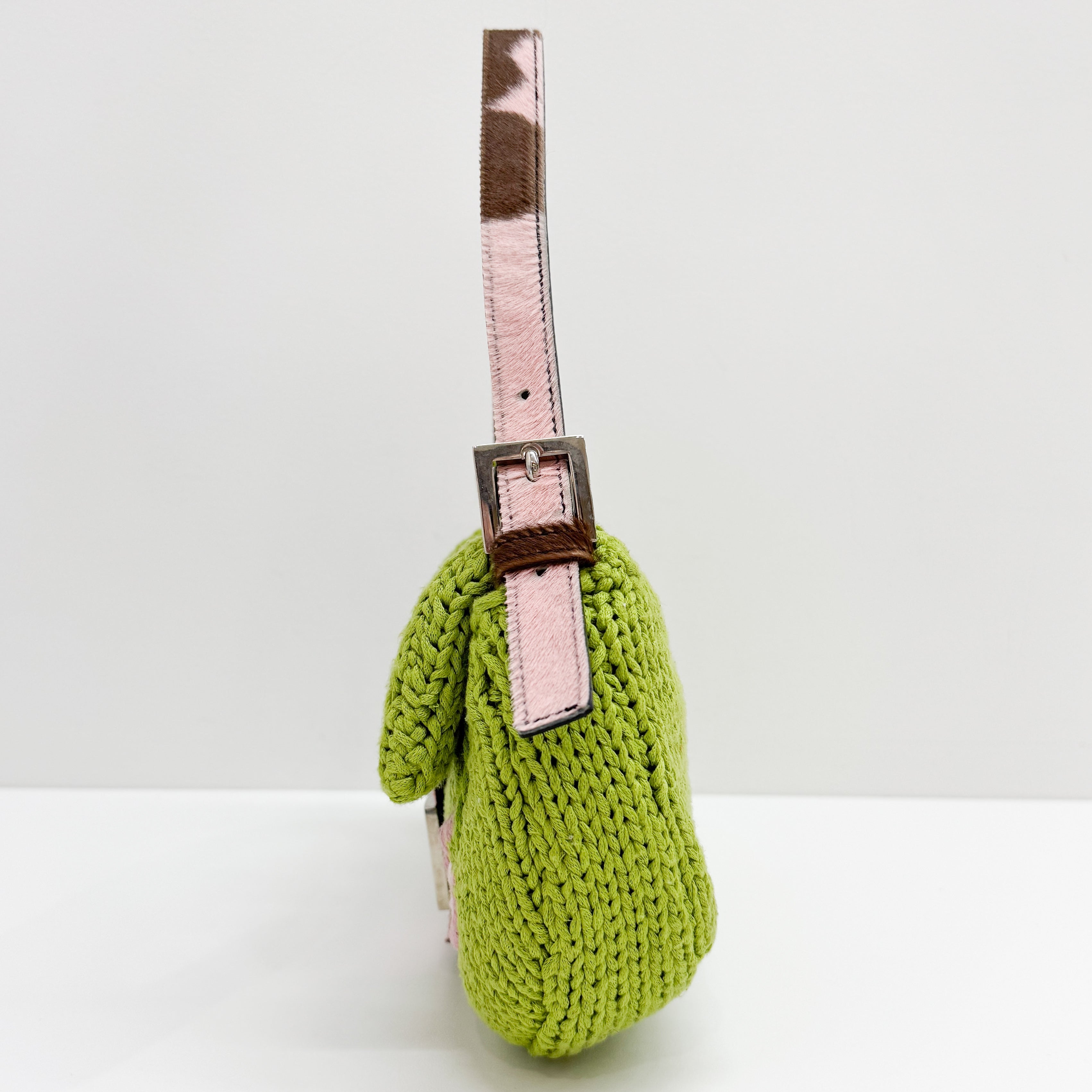 Baguette Green and Pink Crochet and Pony Hair Shoulder Bag