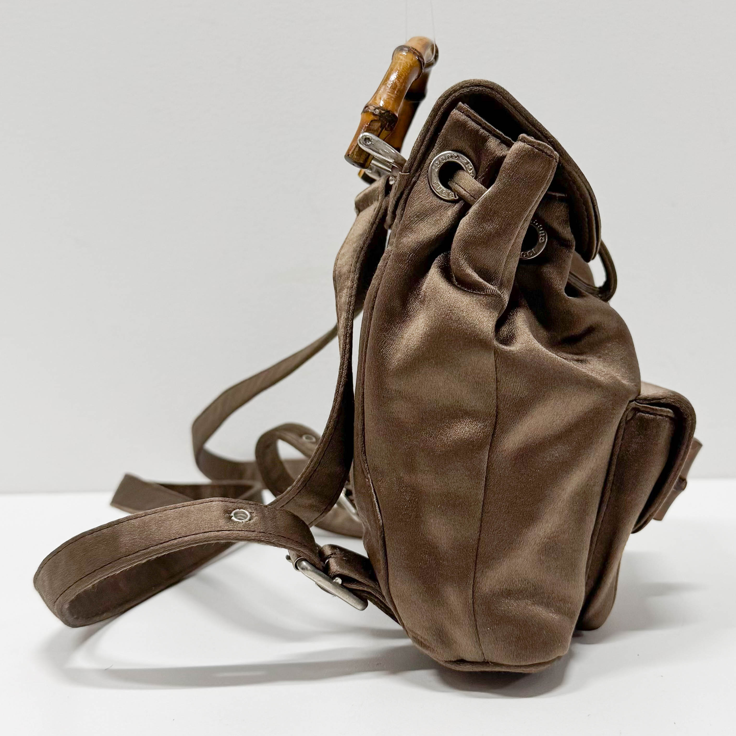 Mini Brown Satin Bamboo Turn-Lock Backpack