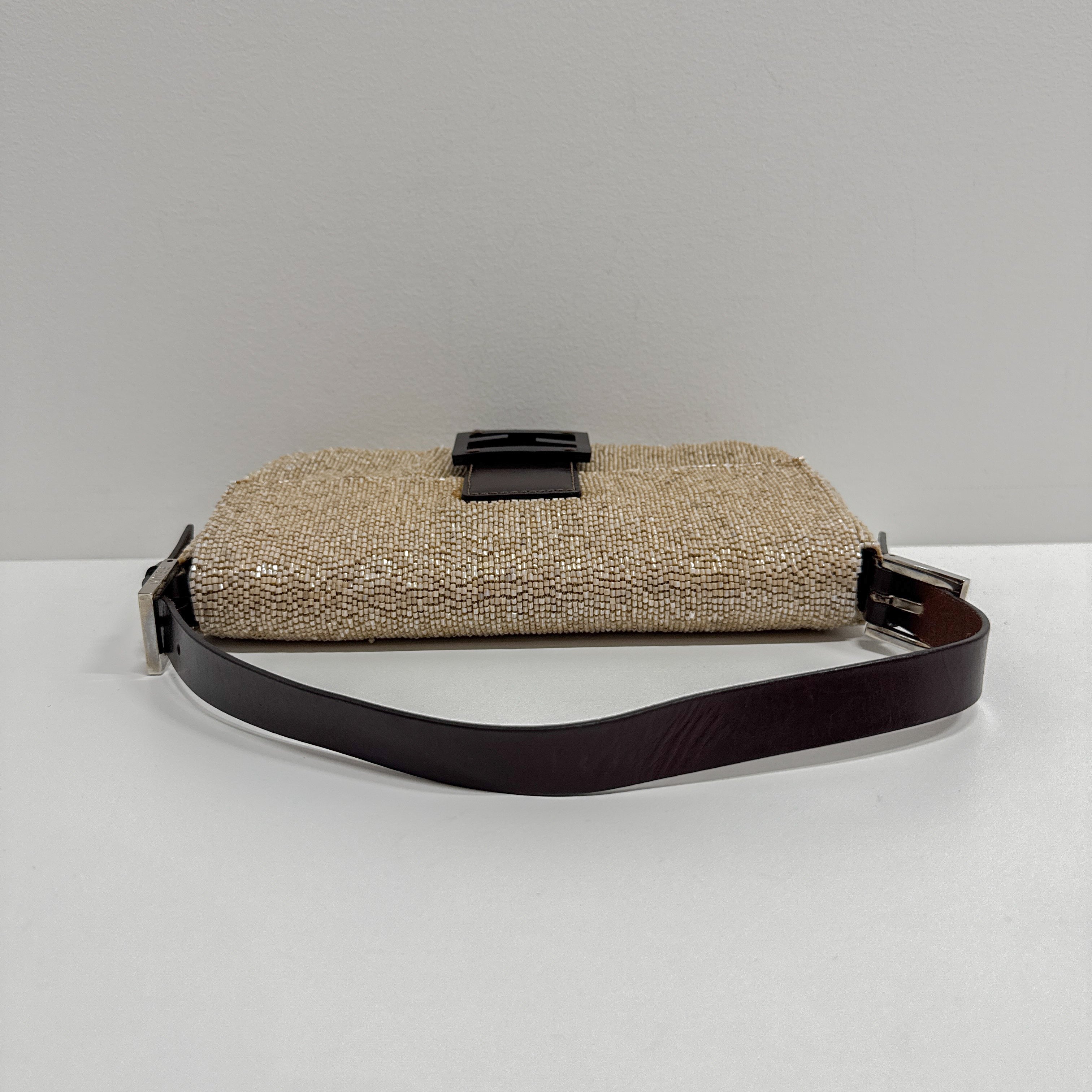 Baguette Beige Beaded Shoulder Bag