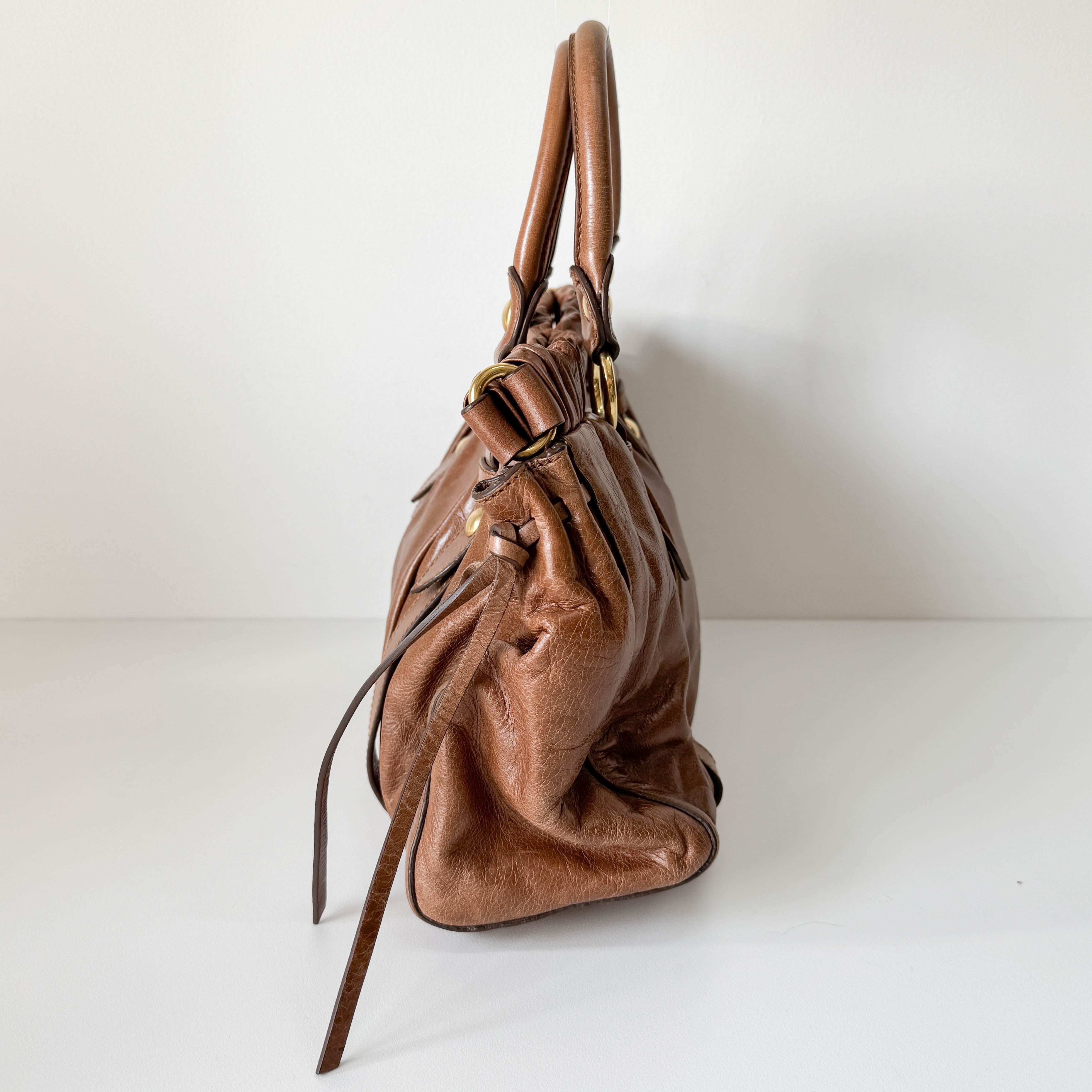 Vitello Bauletto Brown Calfskin Leather Two Way Bag