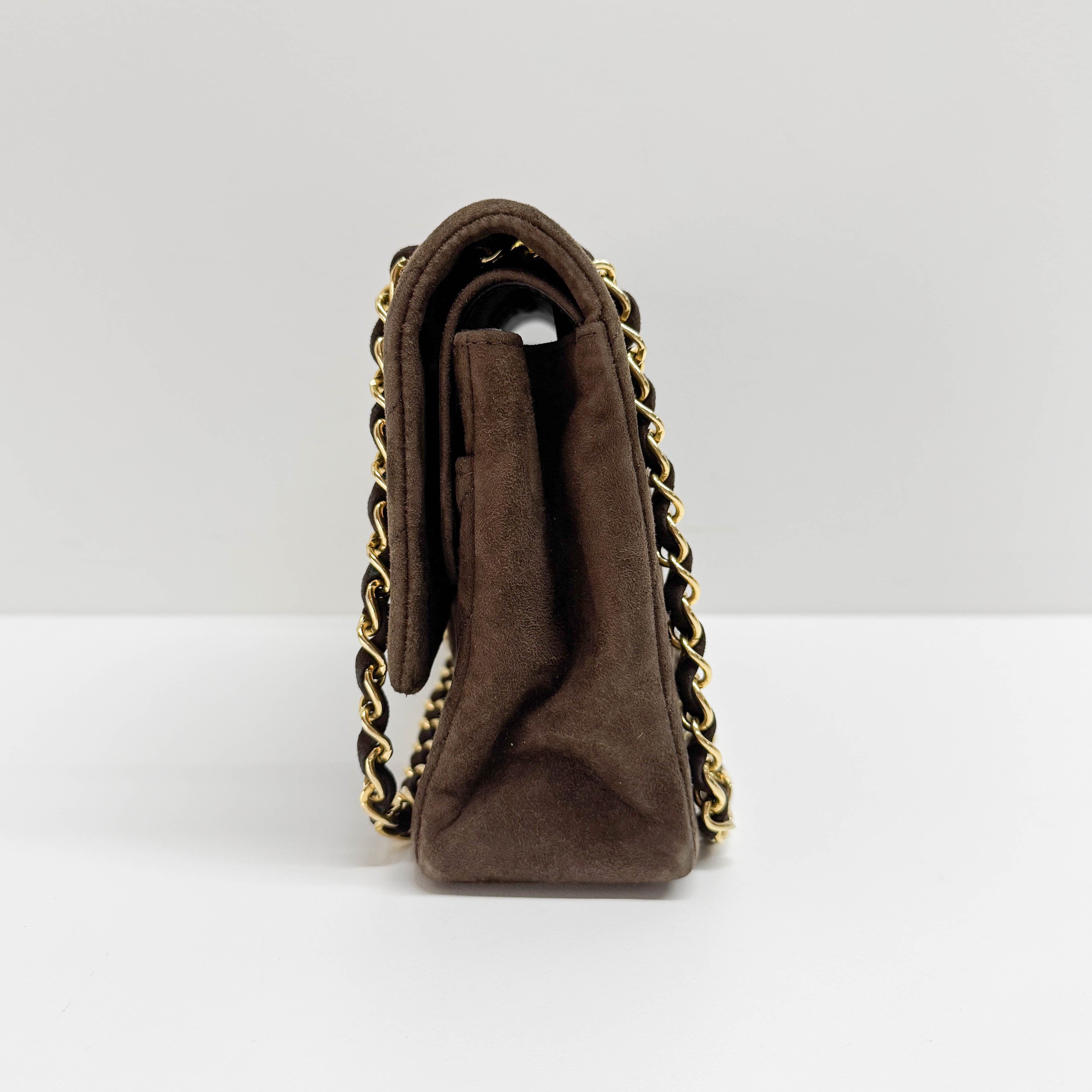Double Flap Brown V Stitch Suede Double Chain Shoulder Bag