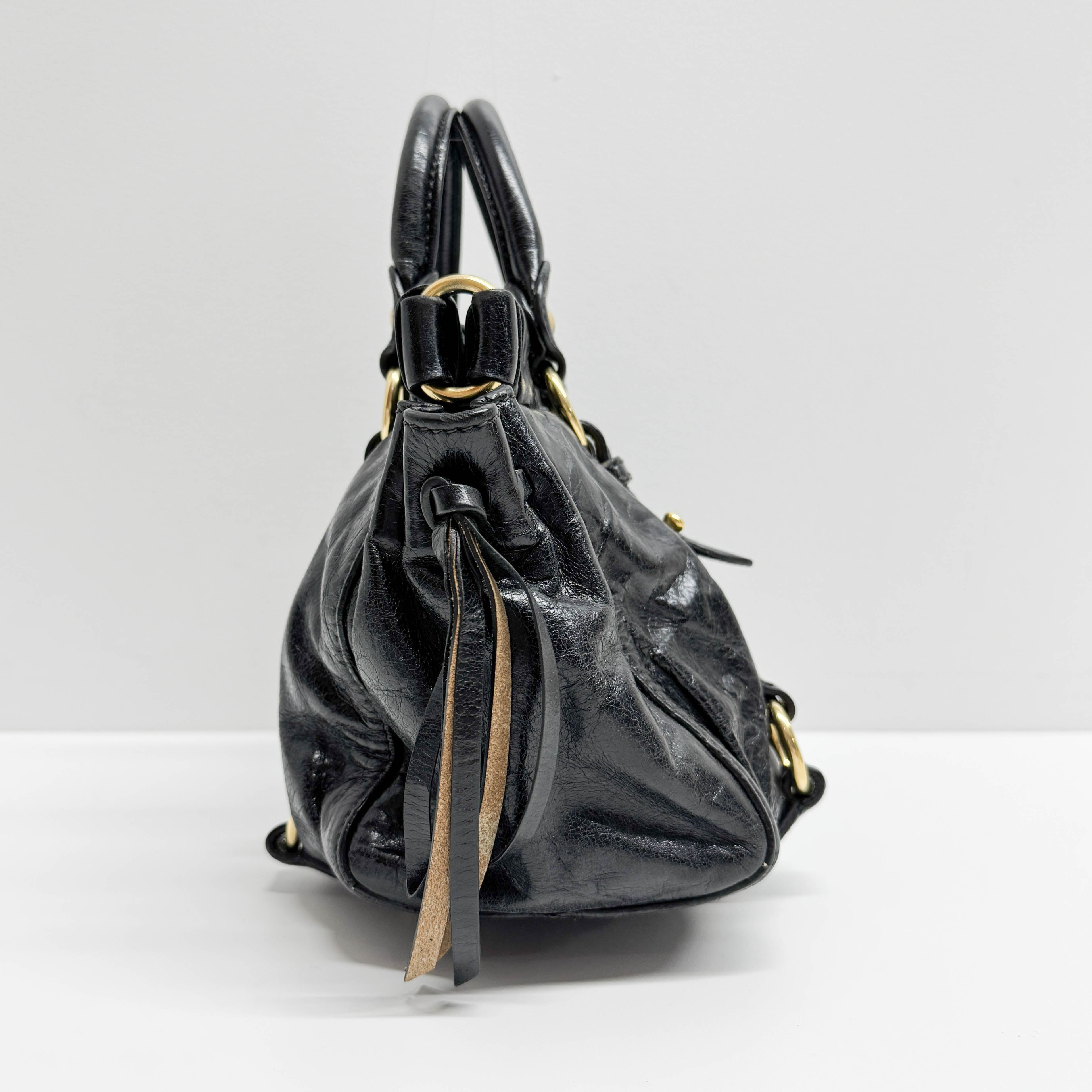 Mini Vitello Bauletto Black Leather Two Way Bag