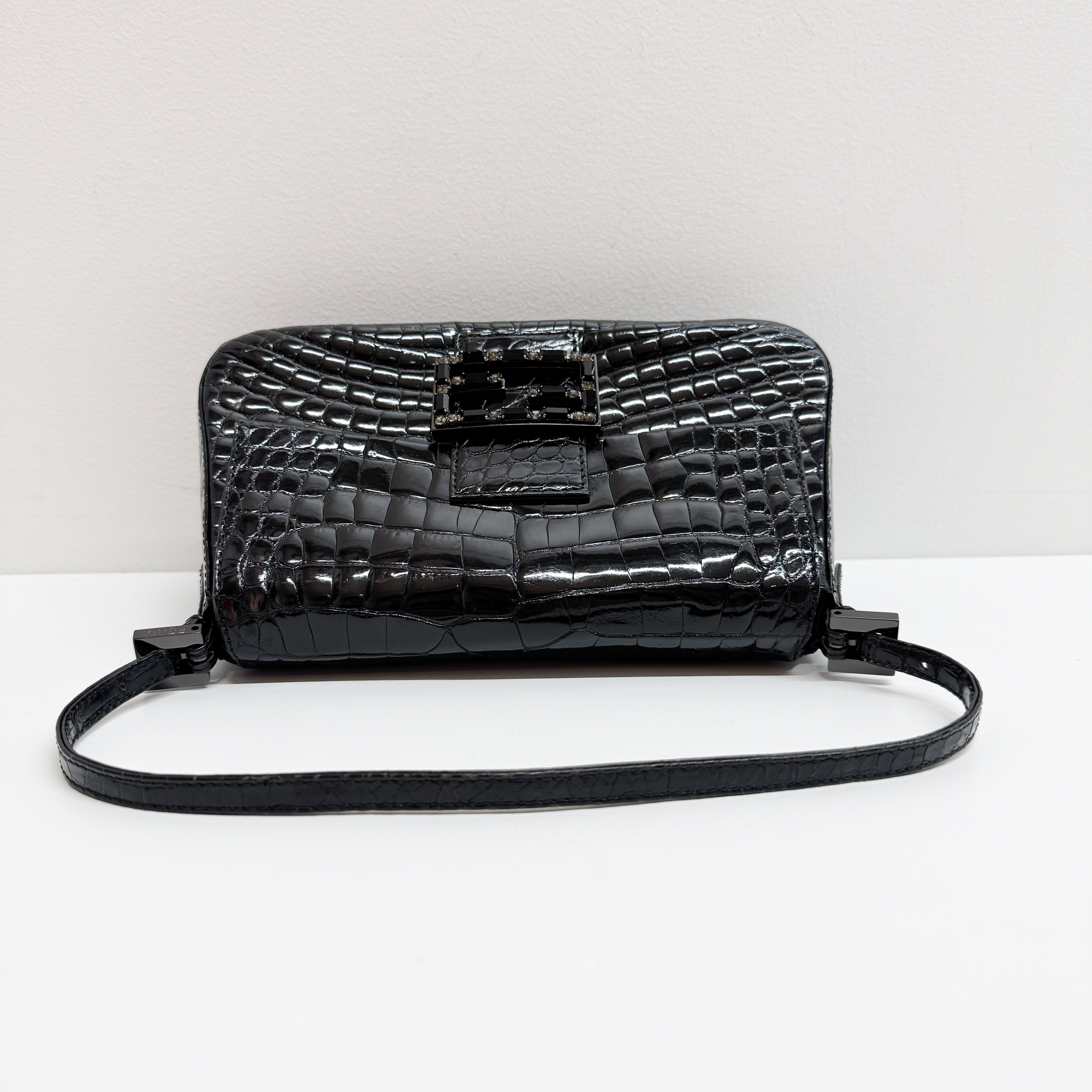 Mini Mamma Baguette Black Crocodile Embossed Shoulder Bag