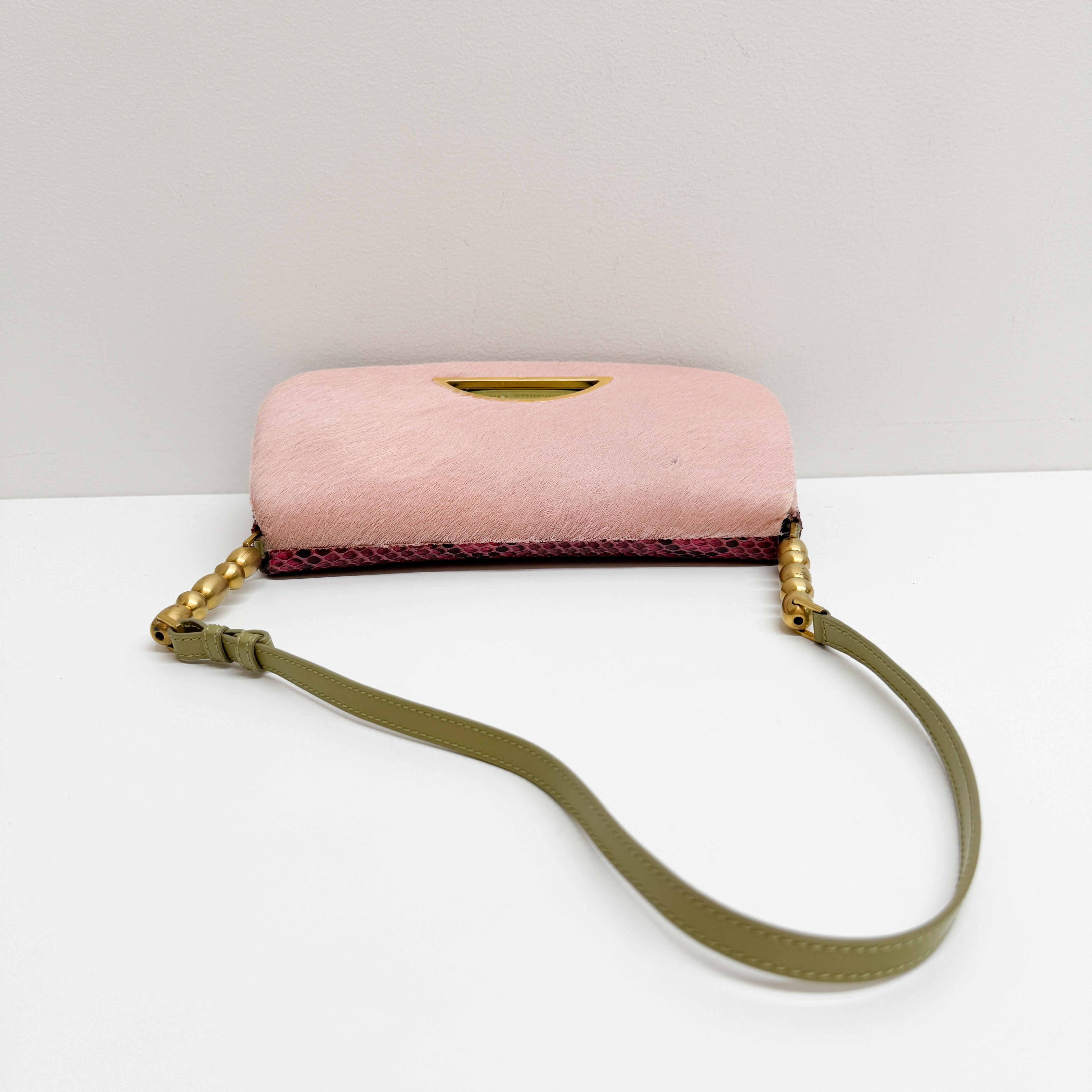 Malice Pearl Chain Pink Pony Hair Snake Skin Print Shoulder Bag