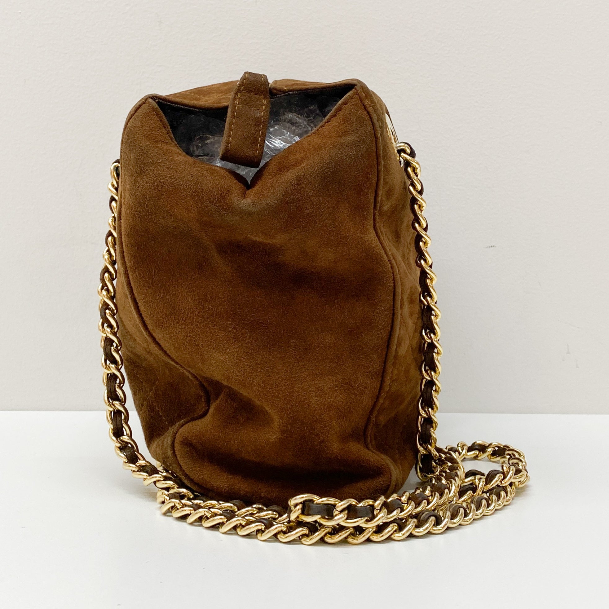 Gold Chain Brown Suede Shoulder Bag