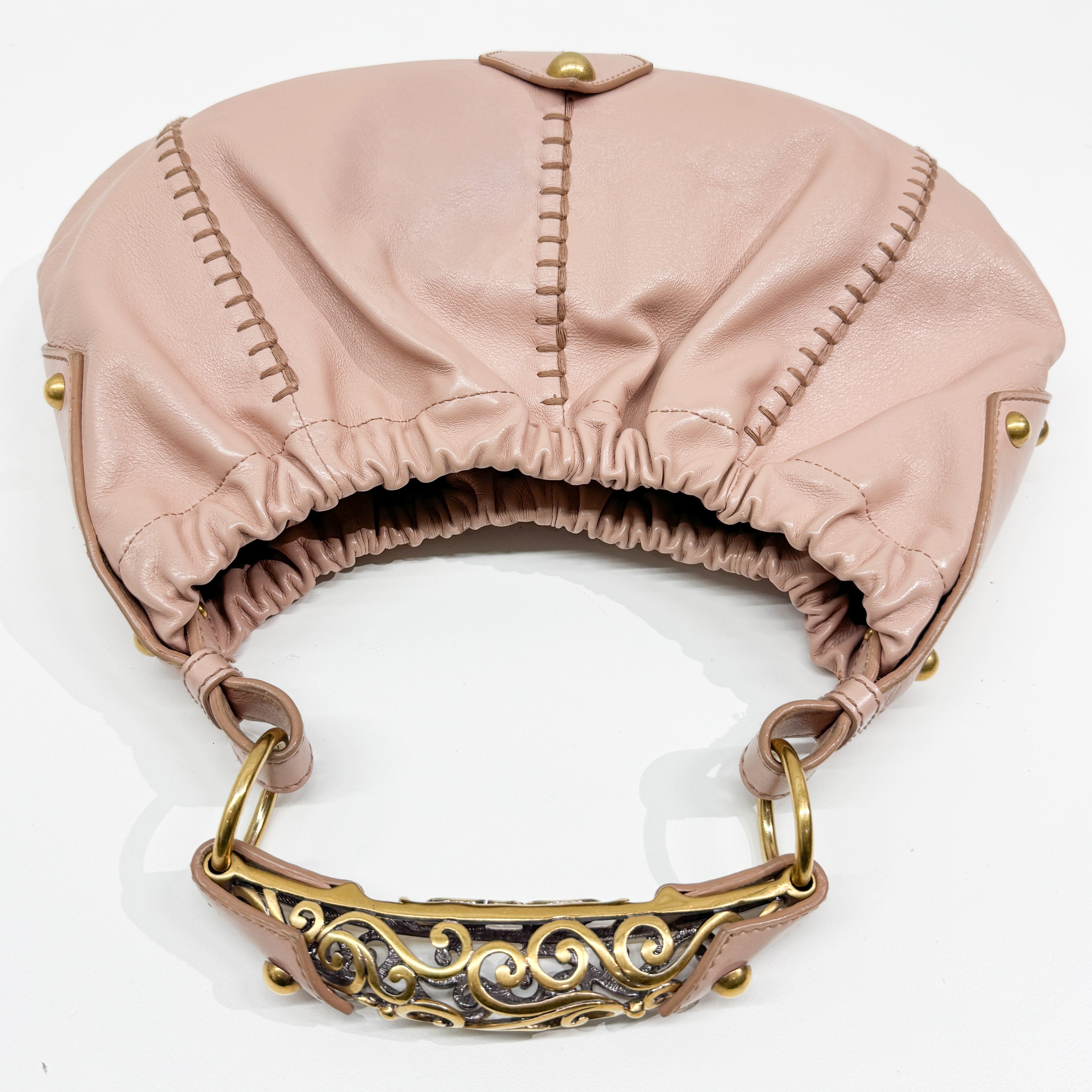 Vintage Pink Leather Shoulder Bag with Baroque Metal Handle