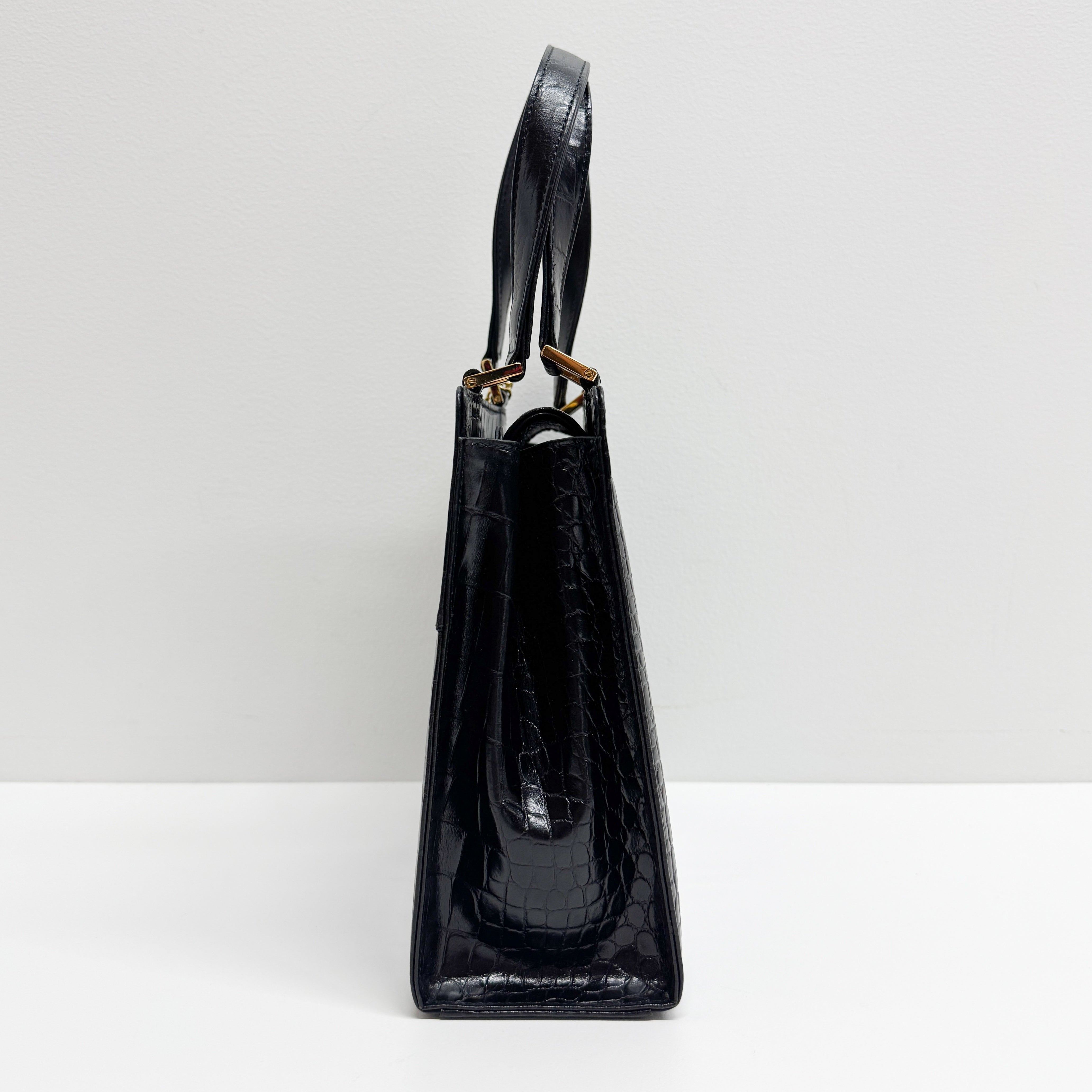 Black Croc Embossed Leather Handbag