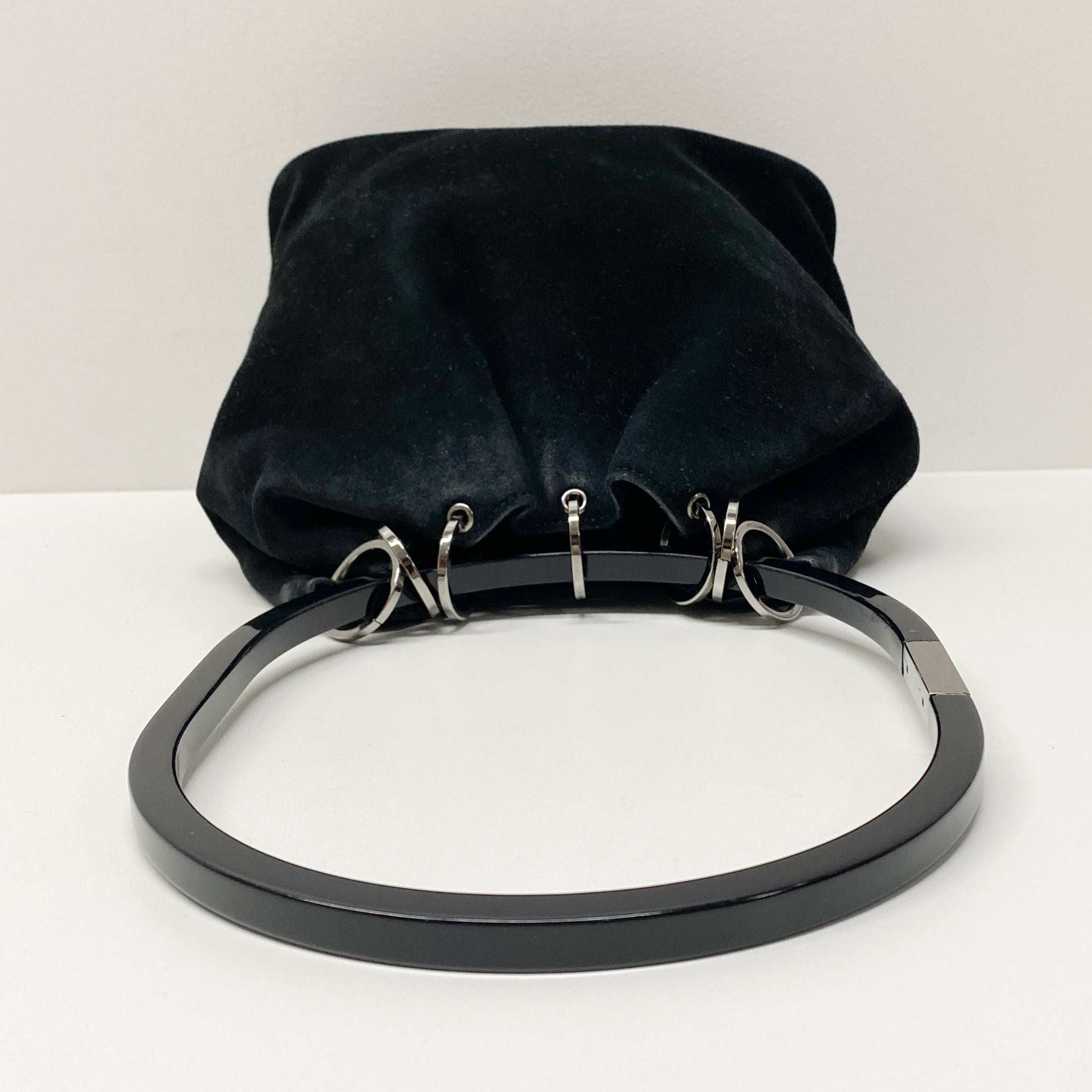 Metal Handle Black Suede Shoulder Bag