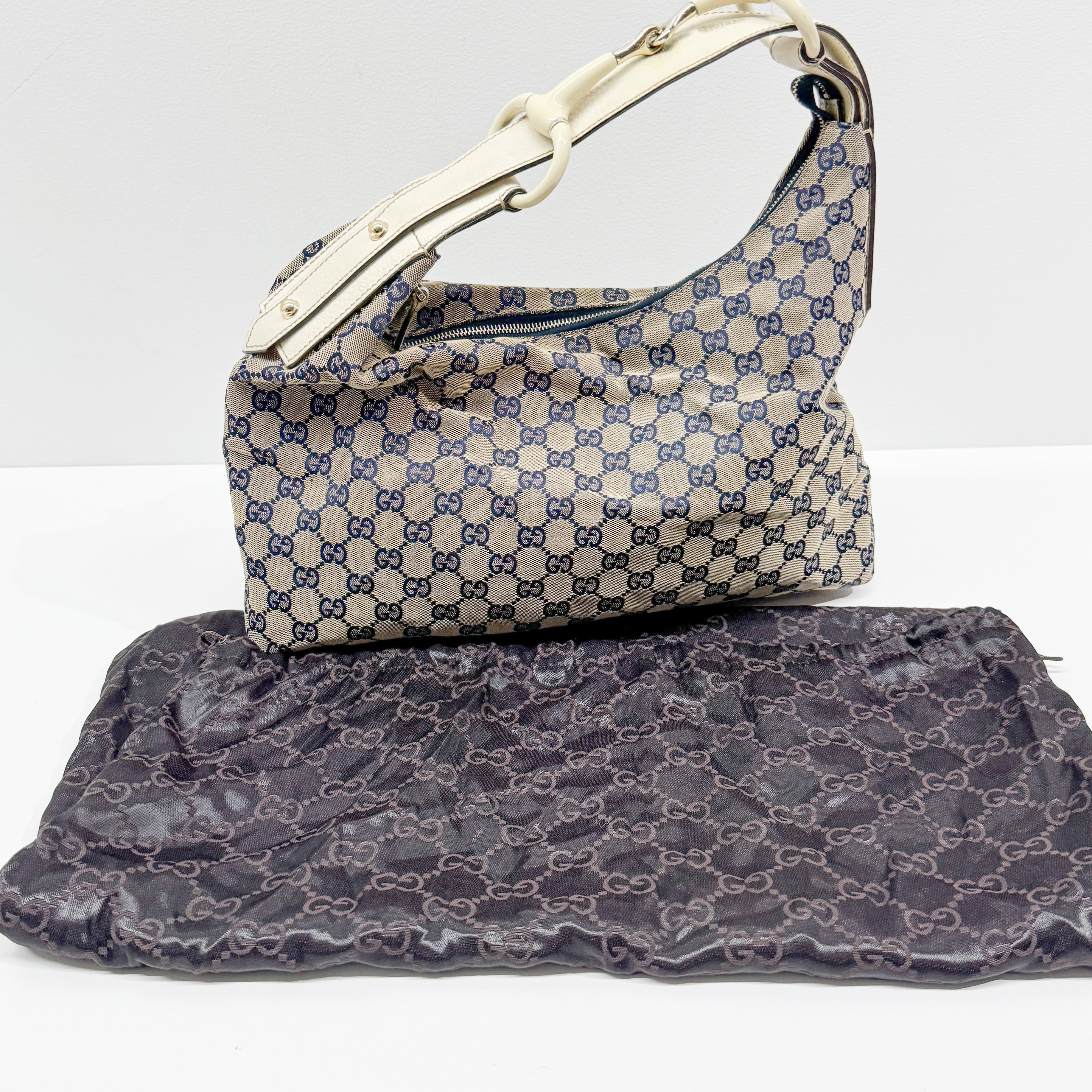 Horsebit Beige Canvas Shoulder Bag