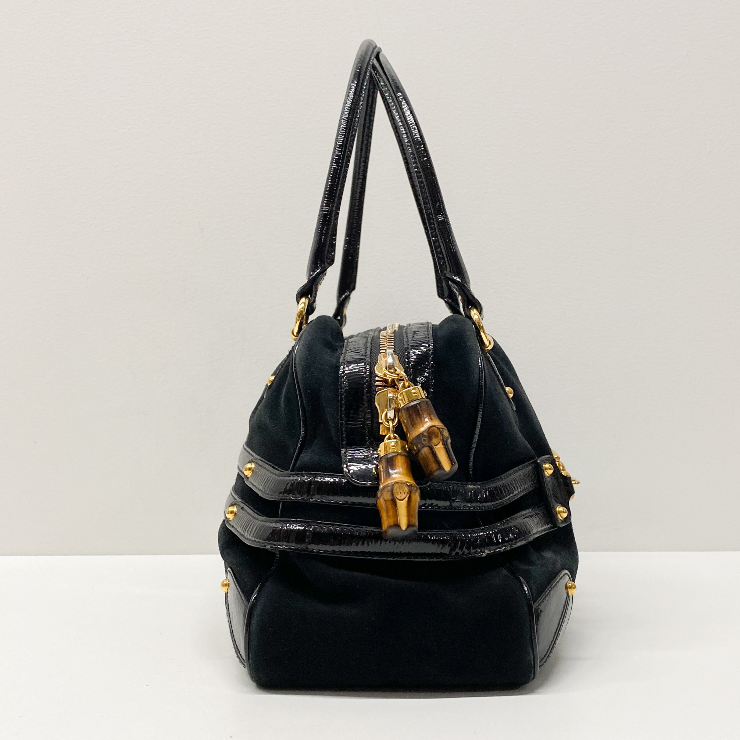 Horsebit Black Suede Boston Bag