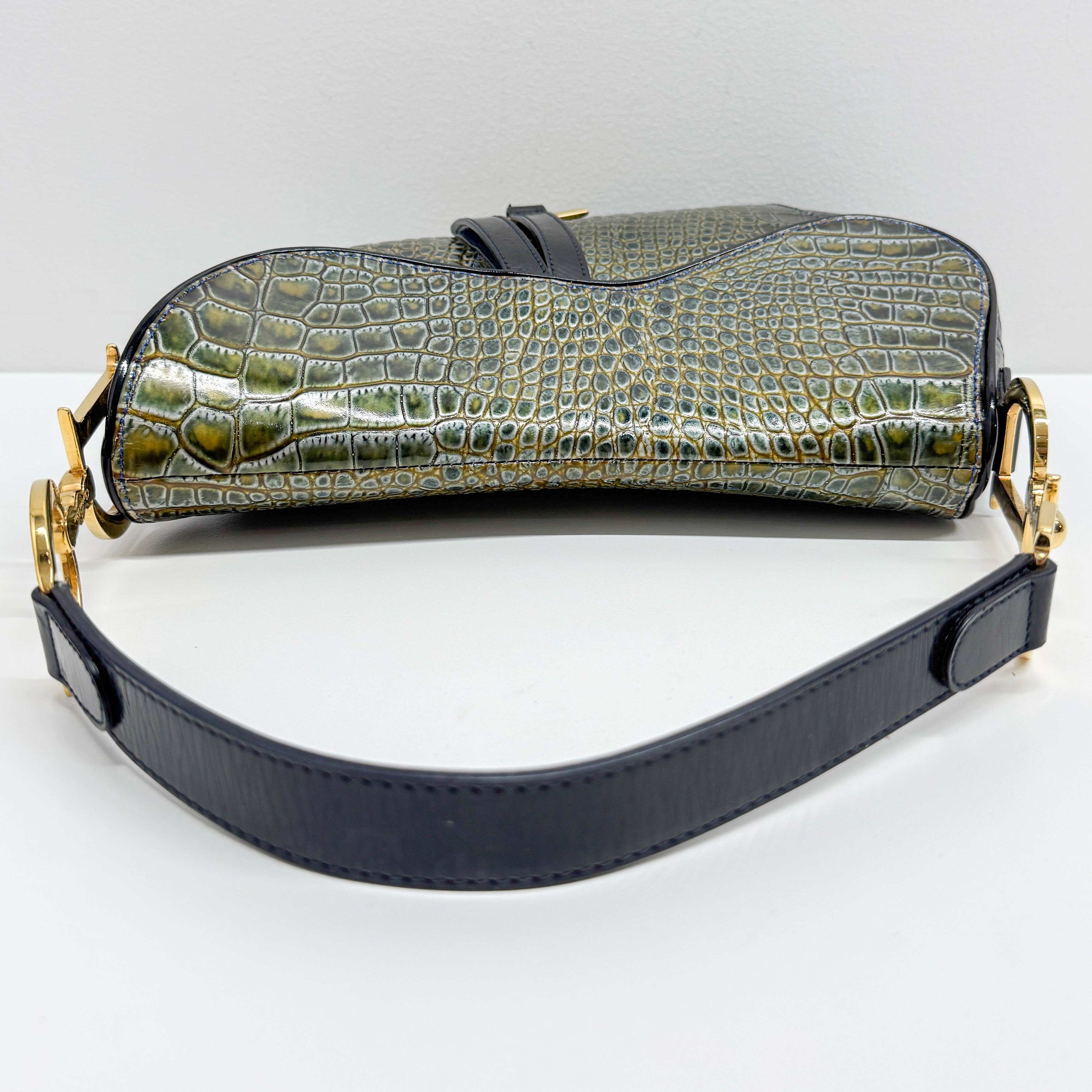 Saddle Olive-Brown Crocodile Embossed Leather Shoulder Bag