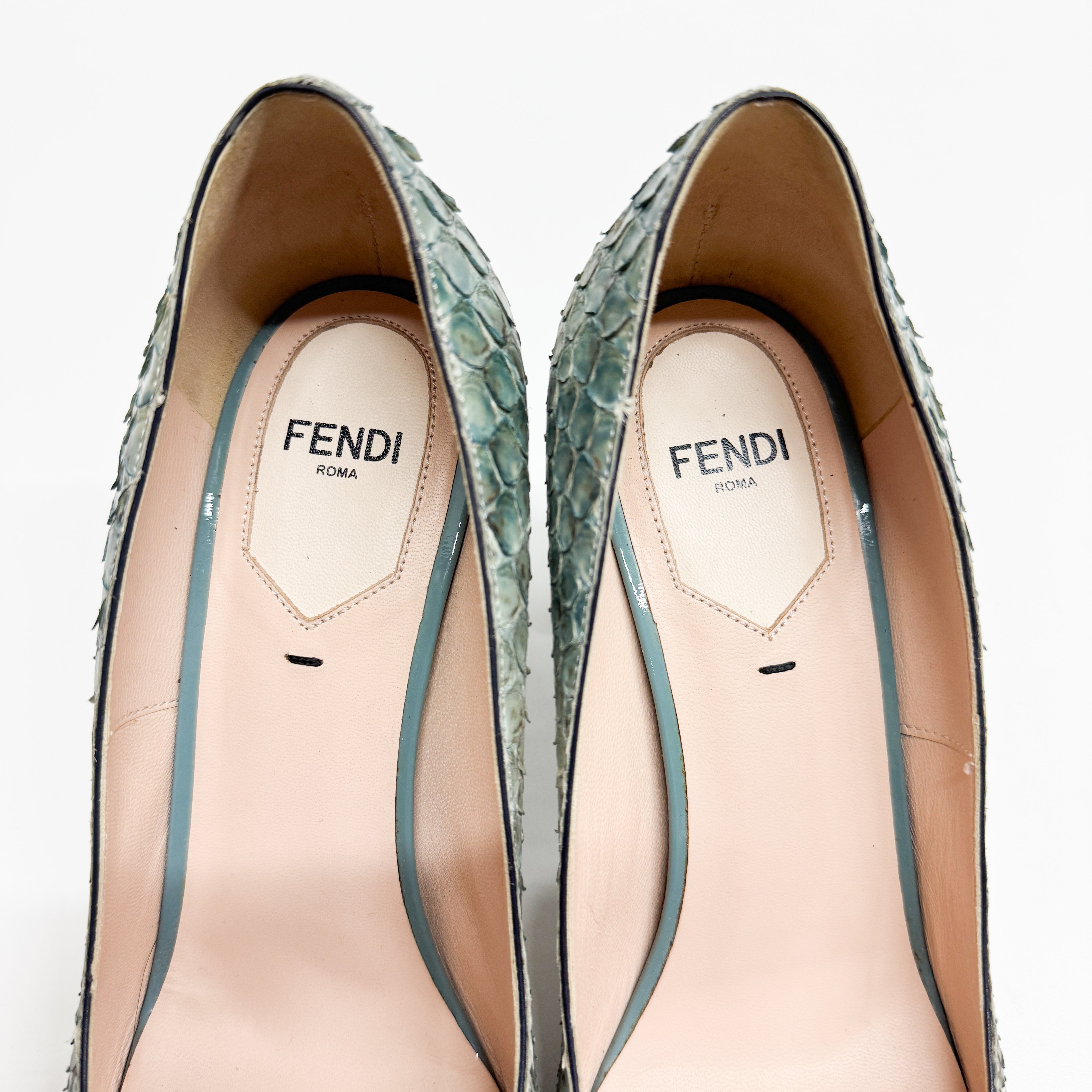 Size 36  Blue & White Python Embossed Leather Heels