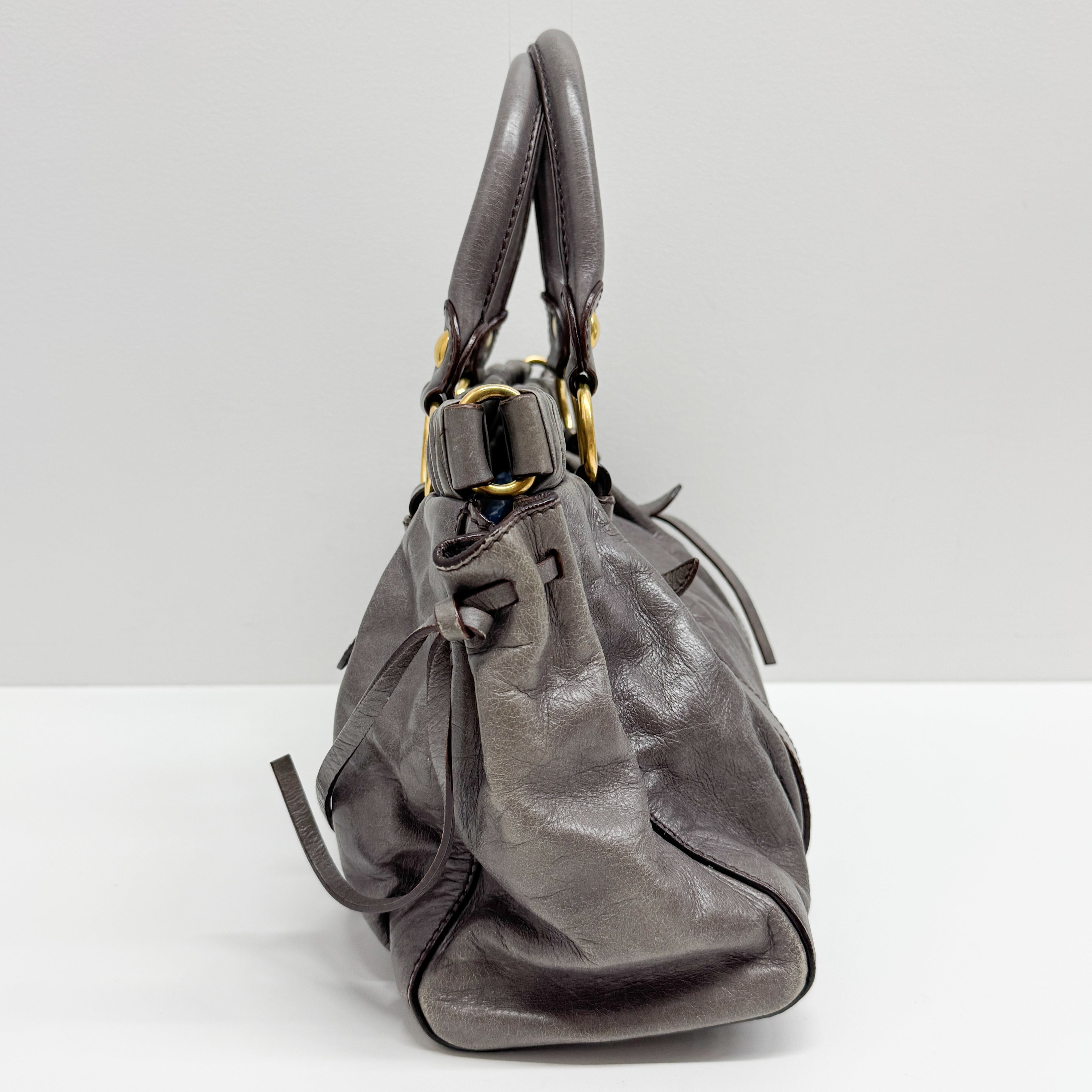 Vitello Grey Calfskin Leather Two Way Bag