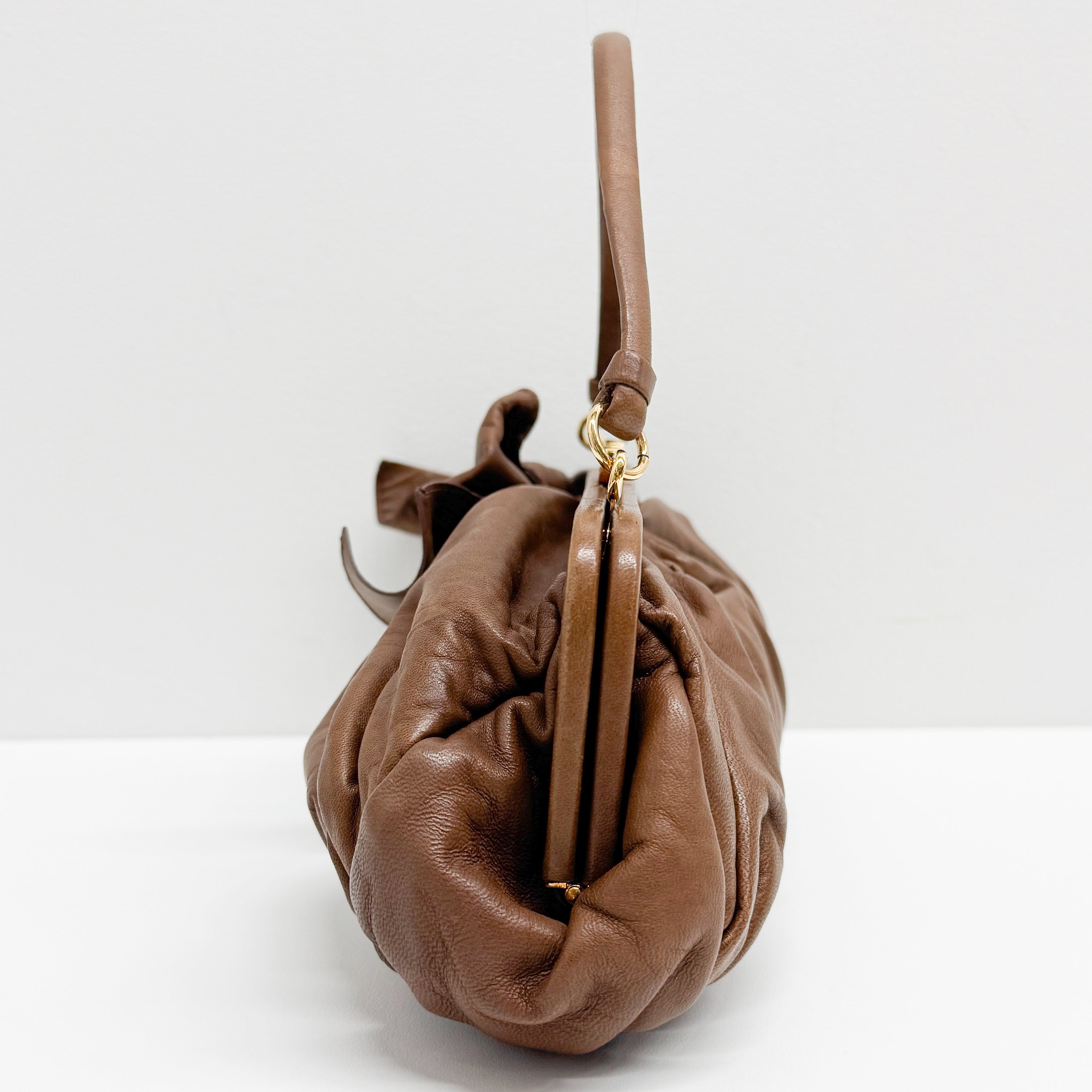 Bow Brown Leather Clutch/Hand Bag