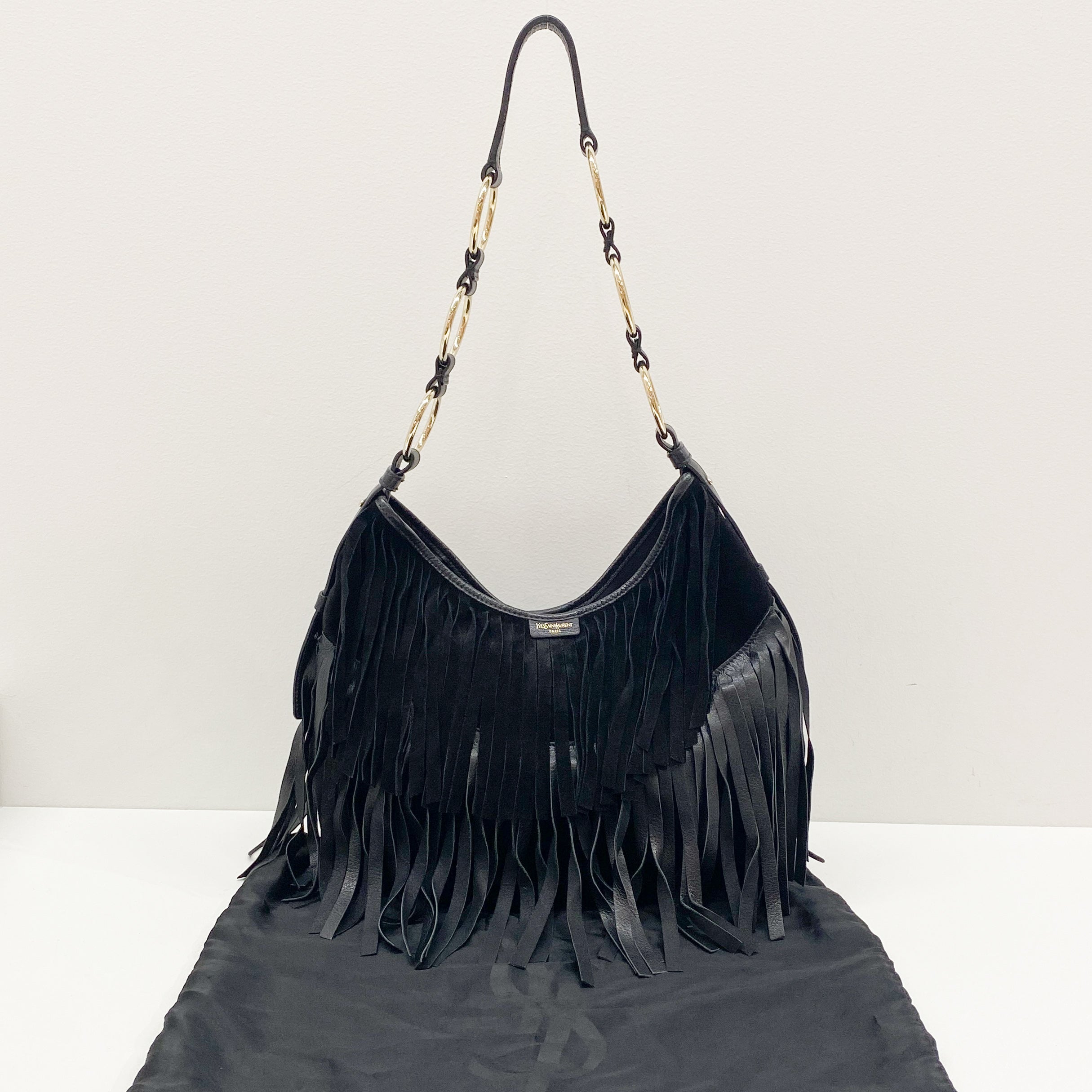 Fringe Black Suede Hobo Bag