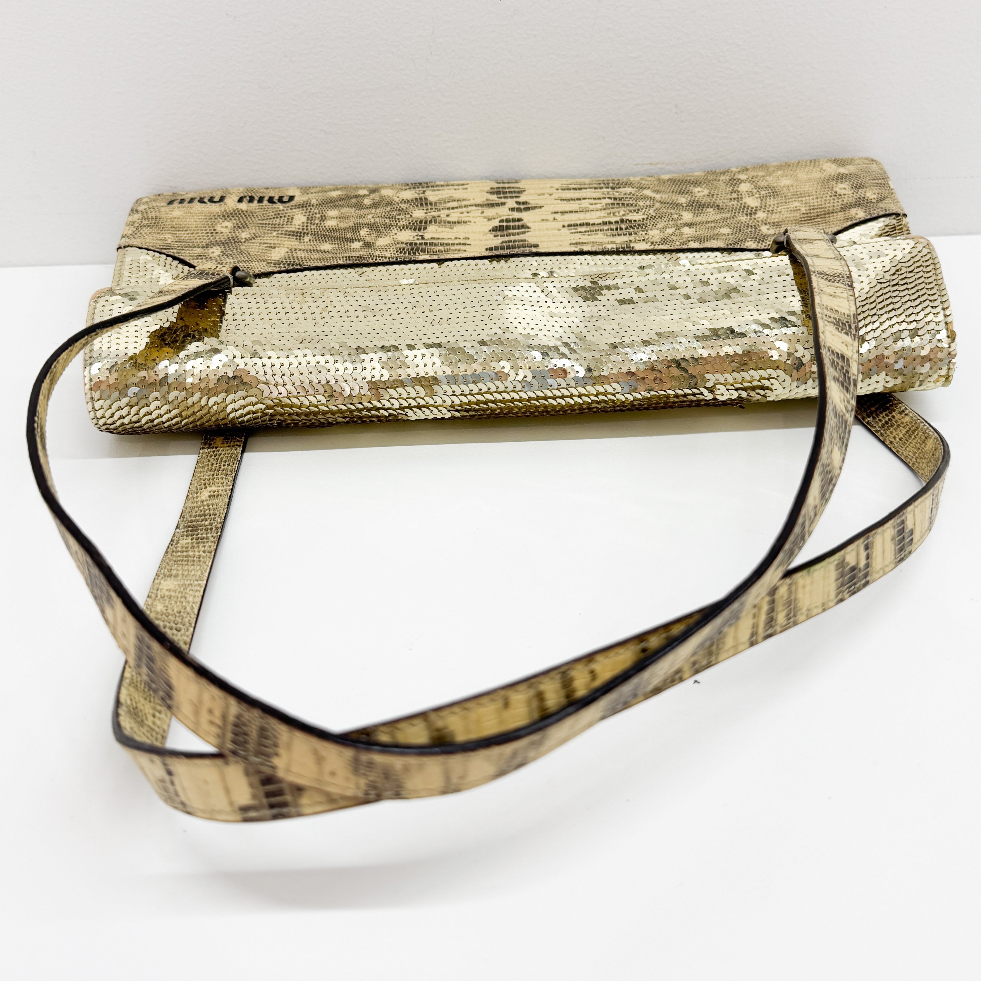 Gold Sequin Yellow Python Embossed Leather Shoulder Bag