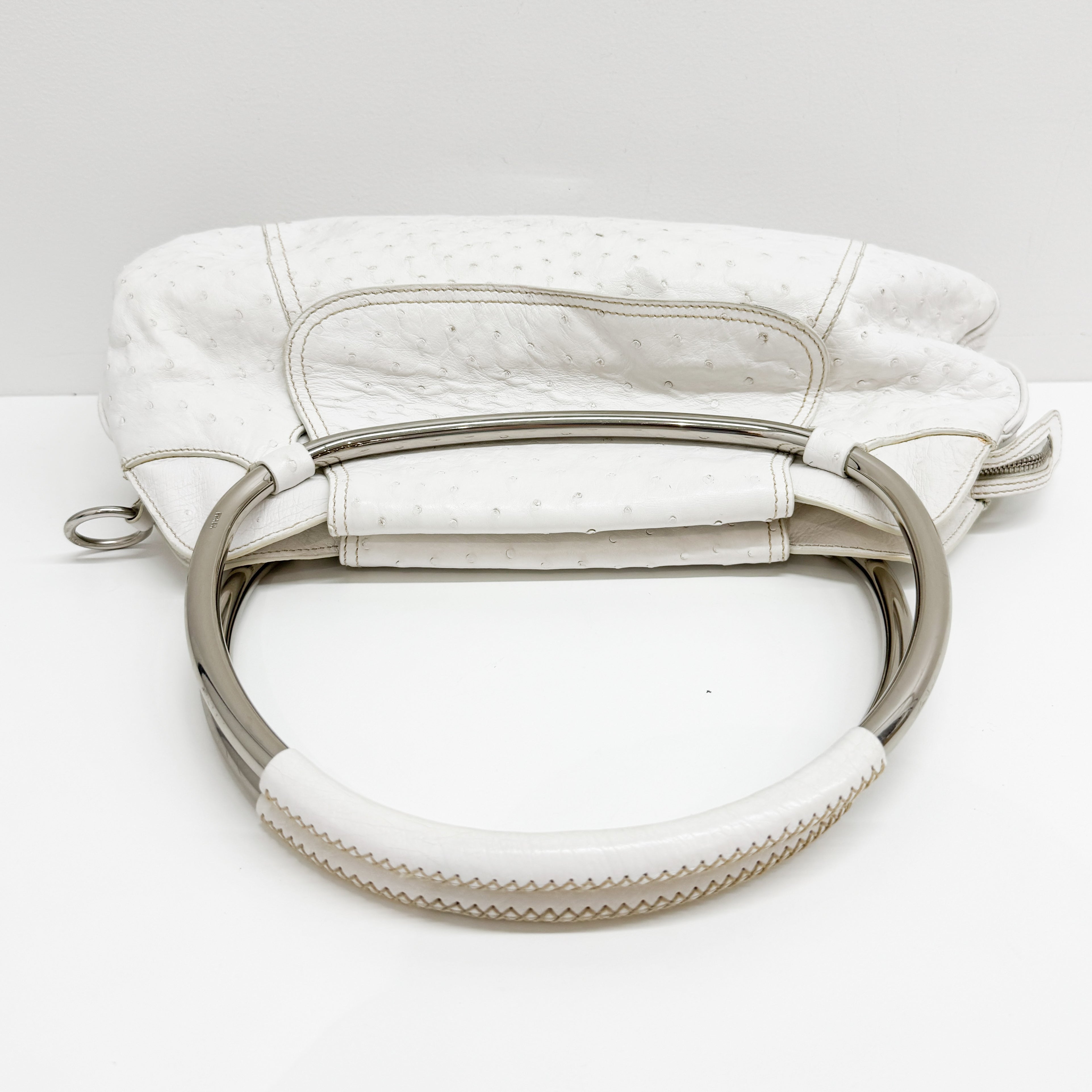 White Ostrich Embossed Leather Shoulder Bag