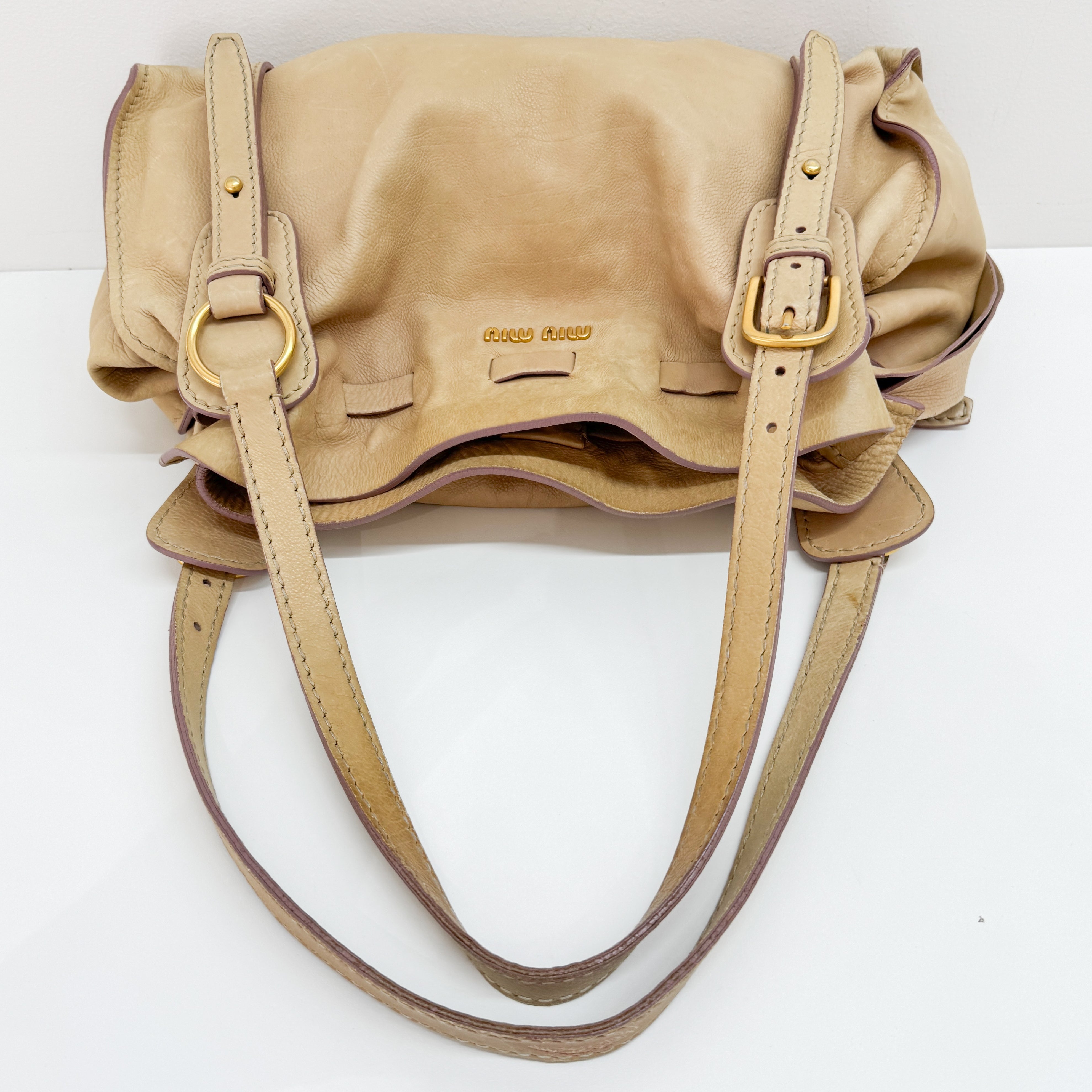 Vitello Lux Bow Bag Beige Calfskin Leather Shoulder Bag
