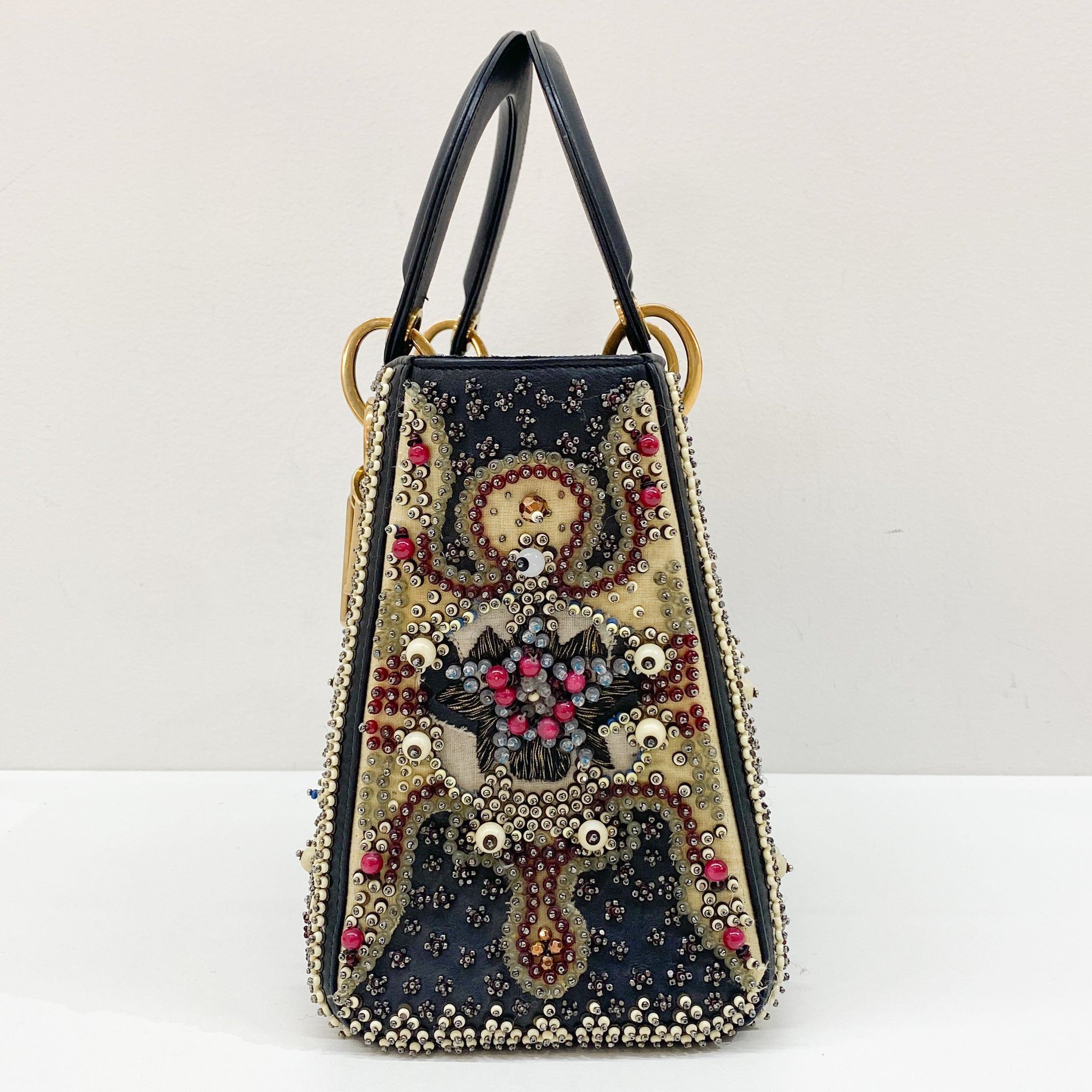 Lady Dior Black Leather Embroided Beads Bag