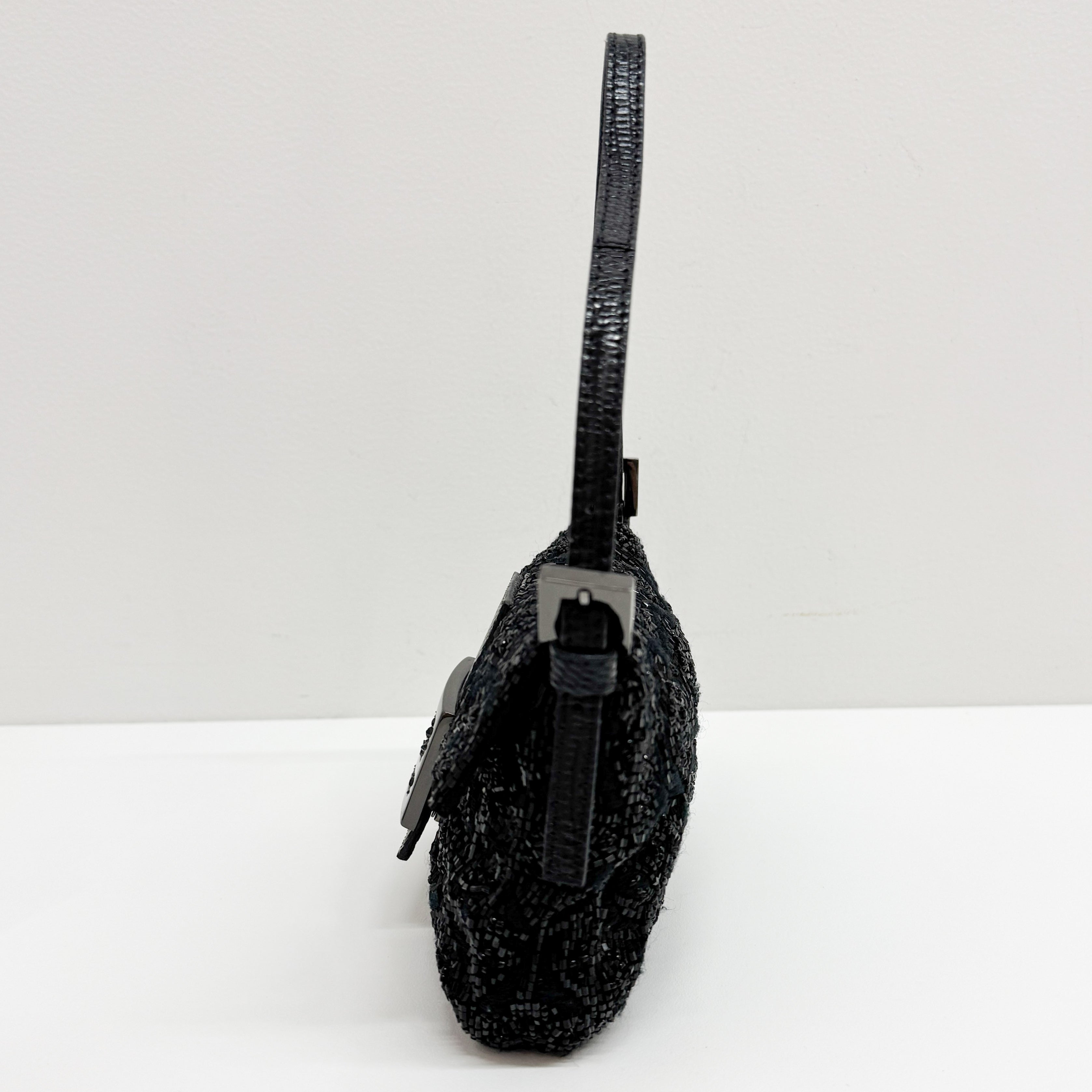 Mini Baguette Rhinestone Hardware Black Beaded Shoulder Bag