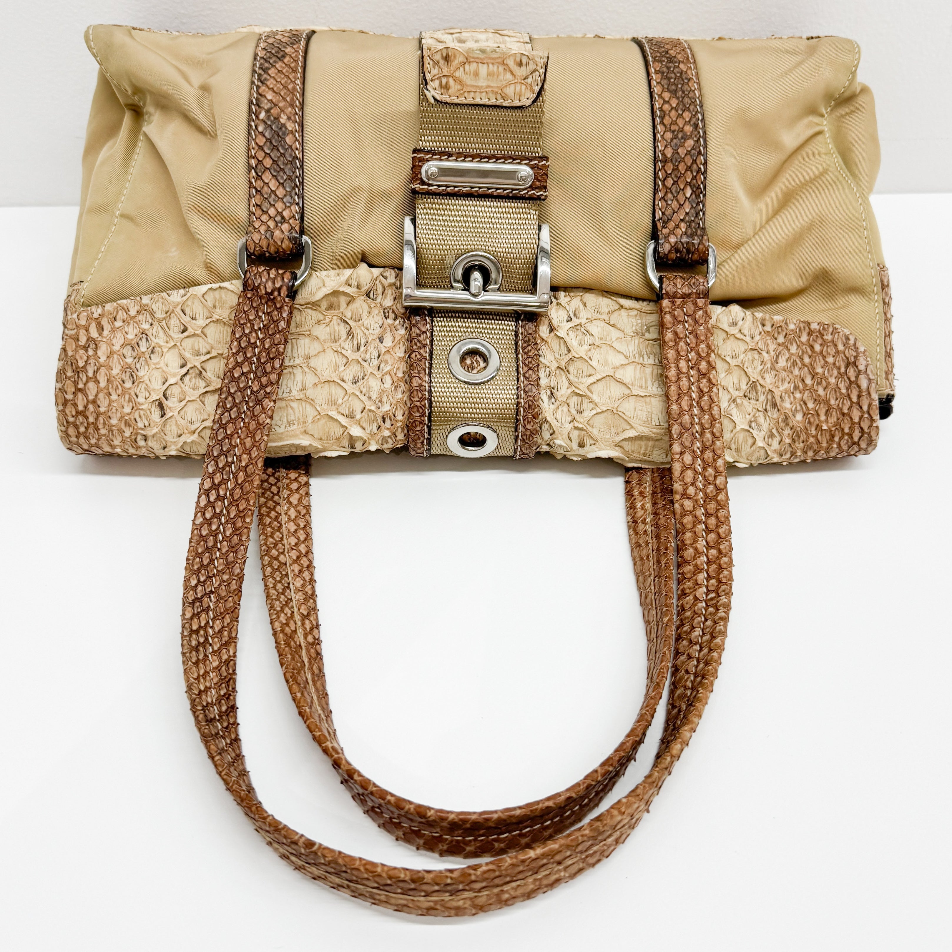 Python Embossed Beige Nylon Shoulder Bag
