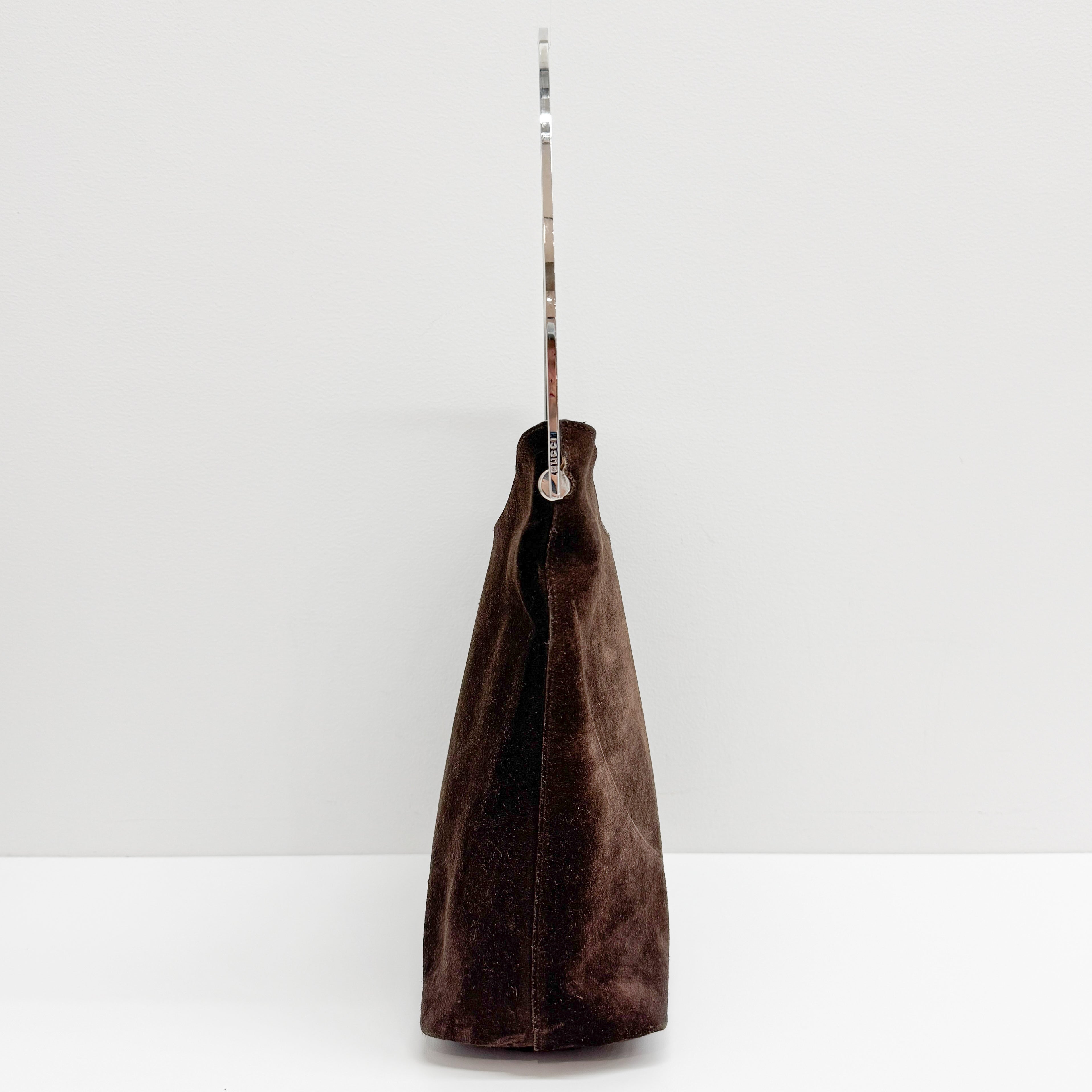 Brown Suede with Silver-tone Handle Shoulder Bag