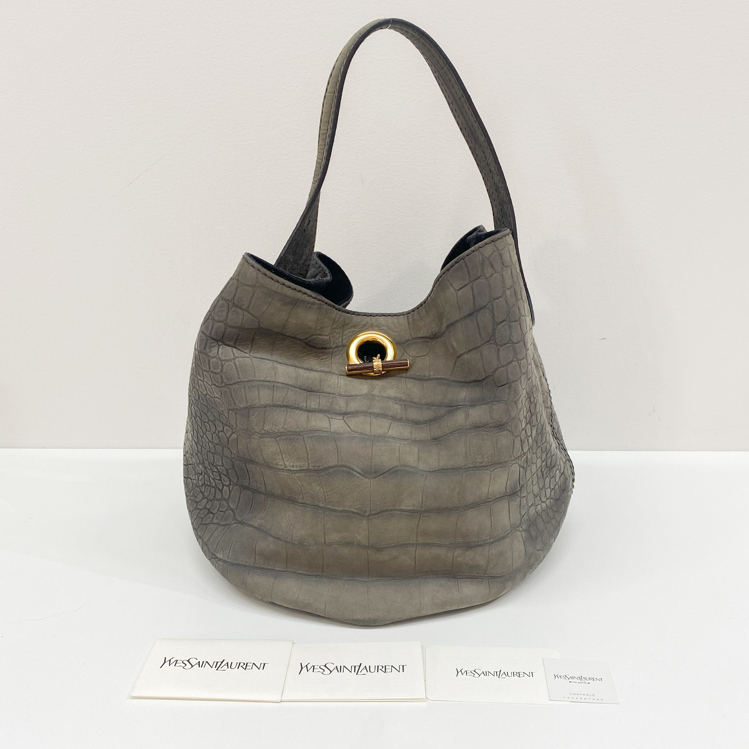 Grey Crocodile Embossed Nubuck Leather Hobo Bag