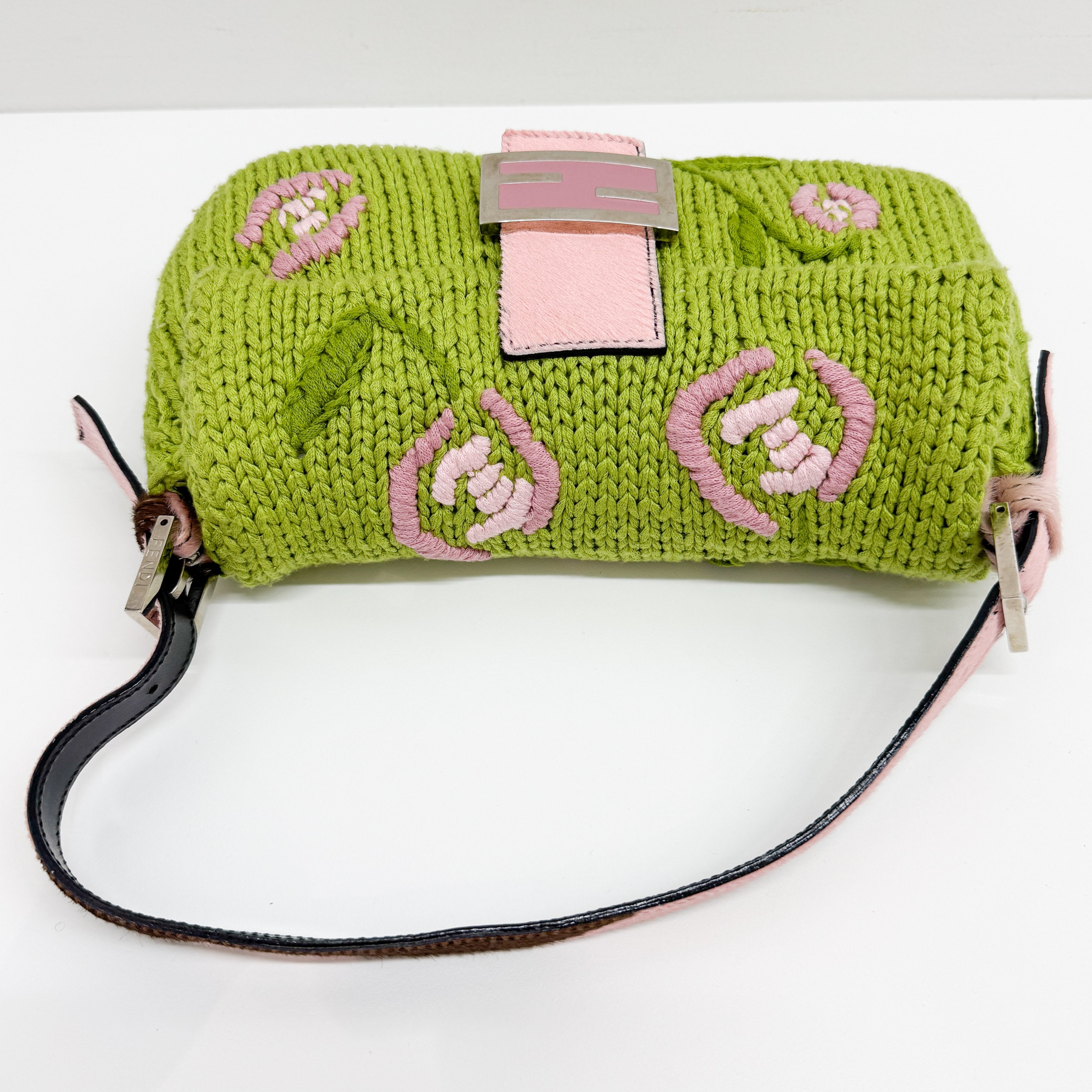 Baguette Green and Pink Crochet and Pony Hair Shoulder Bag