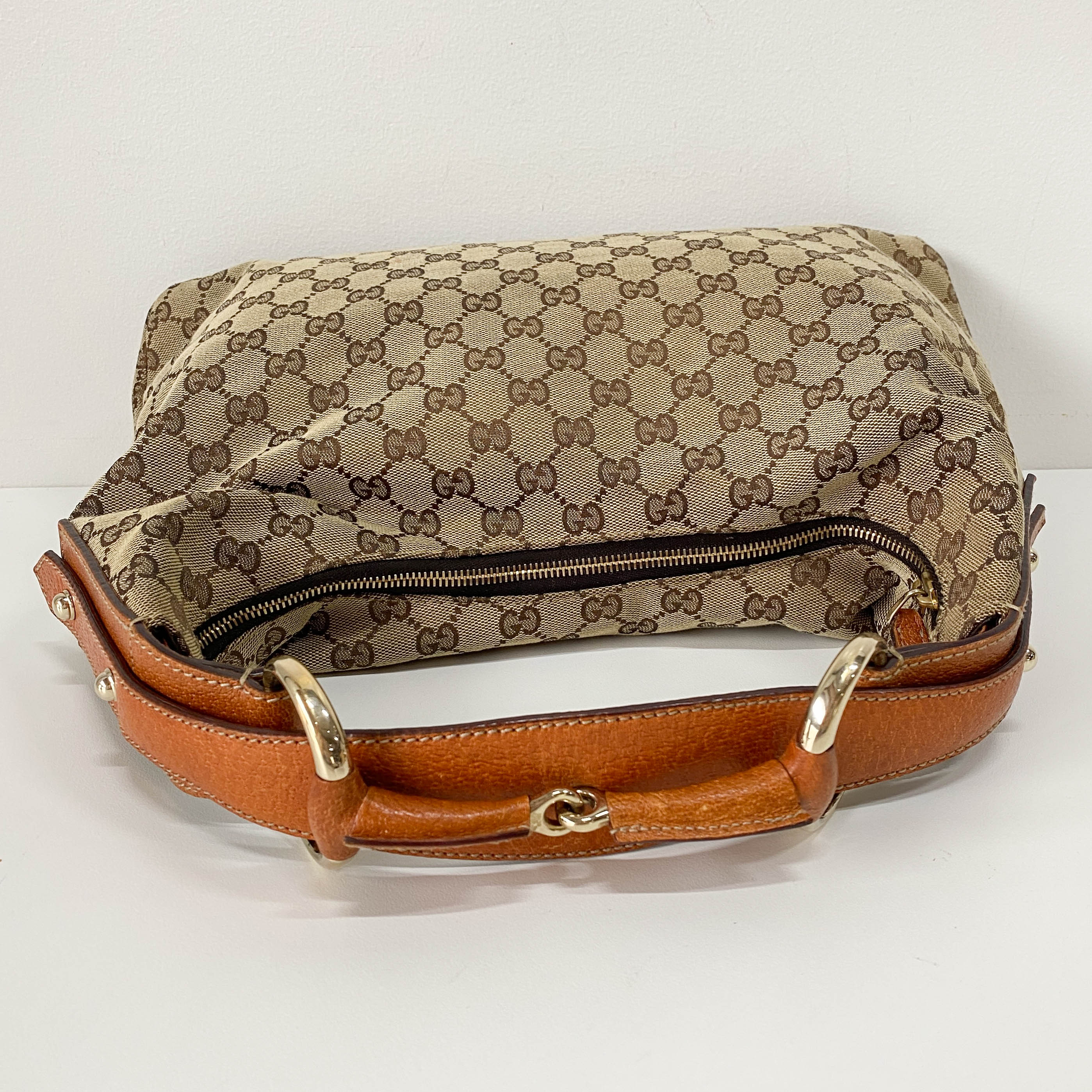 GG Brown Canvas Horsebit Hobo Bag