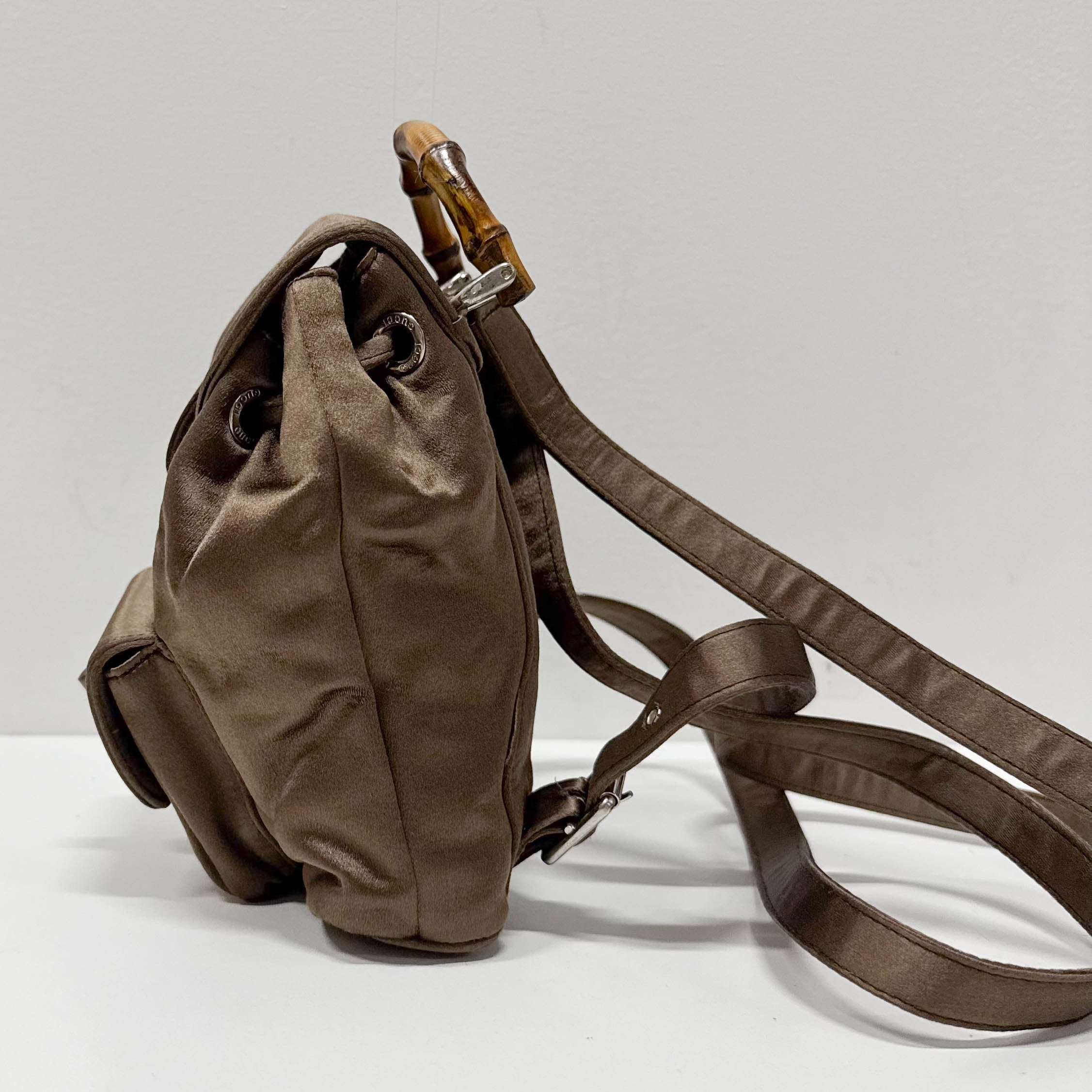 Mini Brown Satin Bamboo Turn-Lock Backpack
