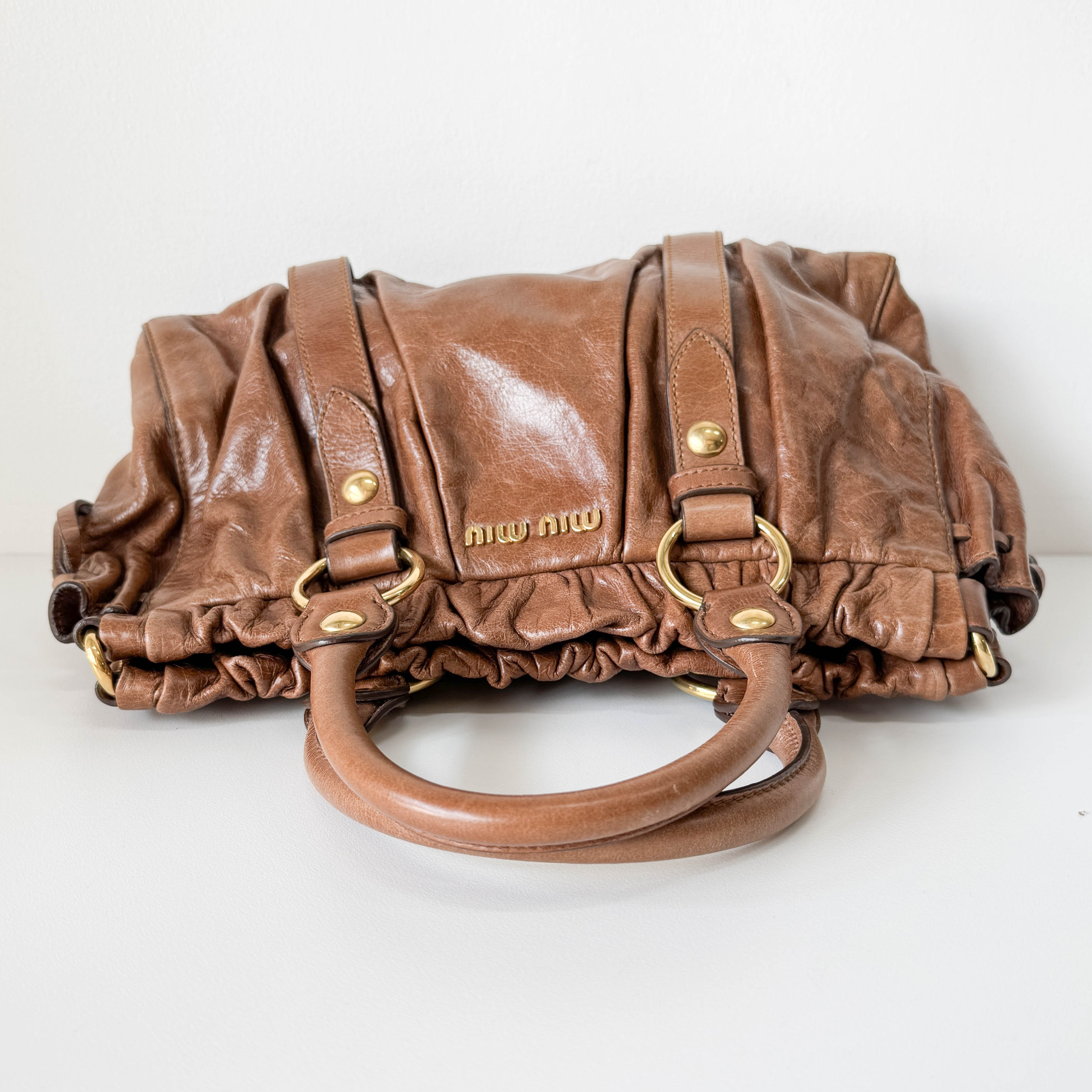 Vitello Bauletto Brown Calfskin Leather Two Way Bag
