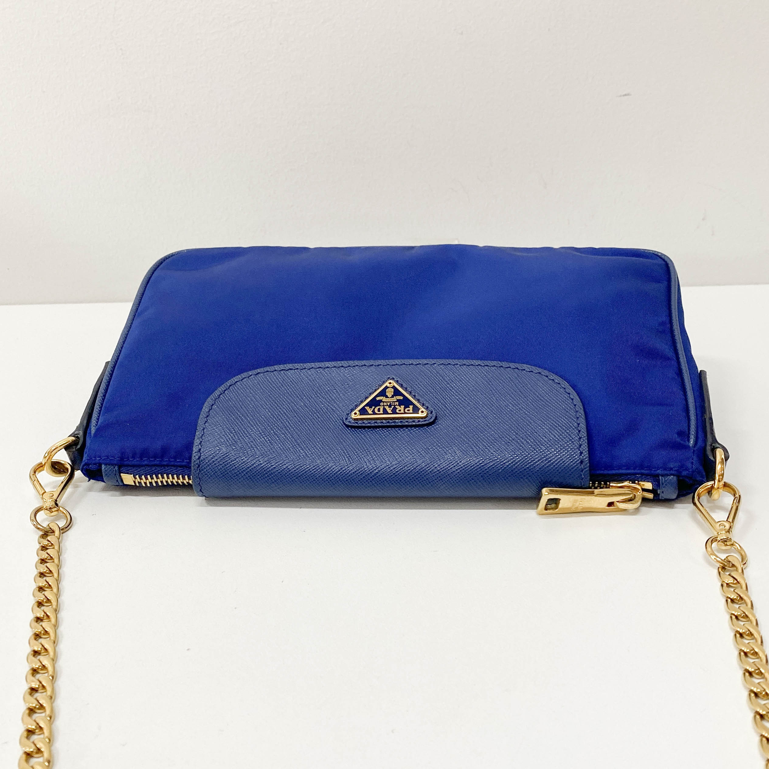 Gold Chain Blue Nylon Shoulder bag