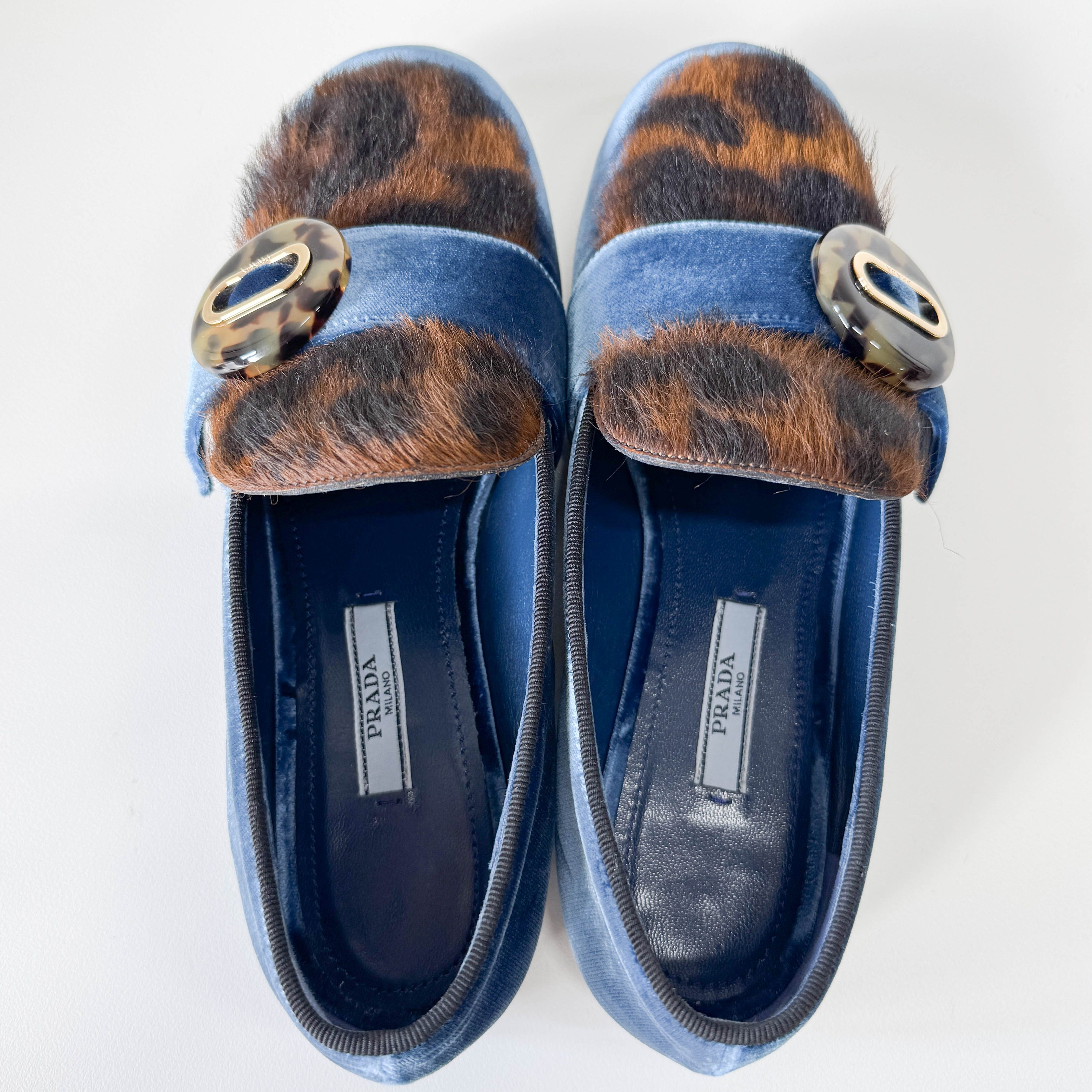 Size 36 1/2 EU Leopard Print Blue Velvet Loafers