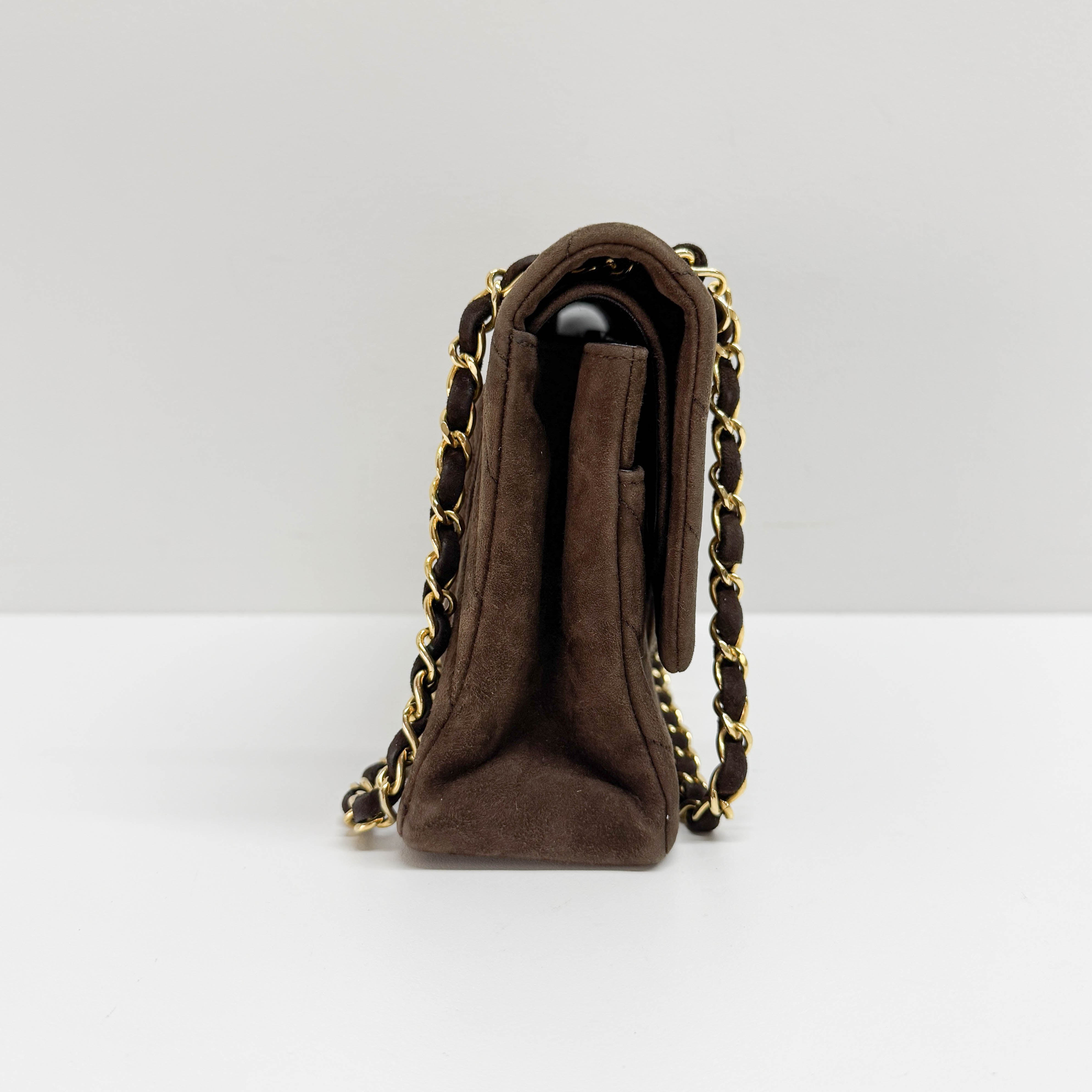 Double Flap Brown V Stitch Suede Double Chain Shoulder Bag