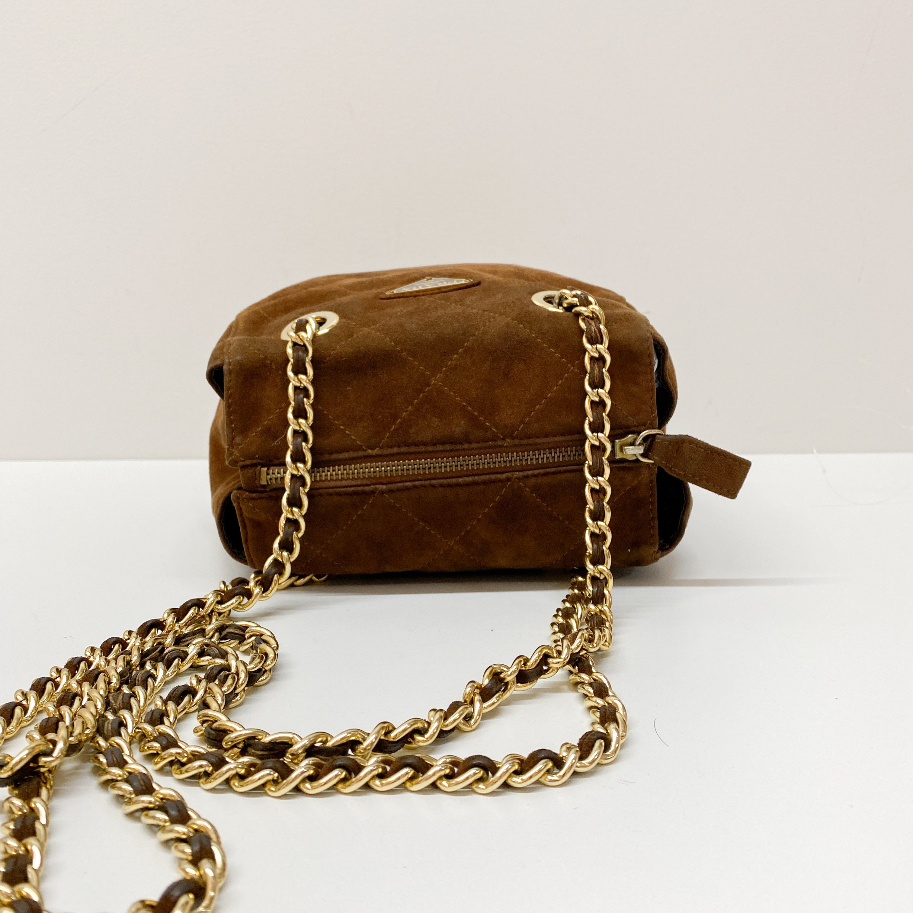 Gold Chain Brown Suede Shoulder Bag