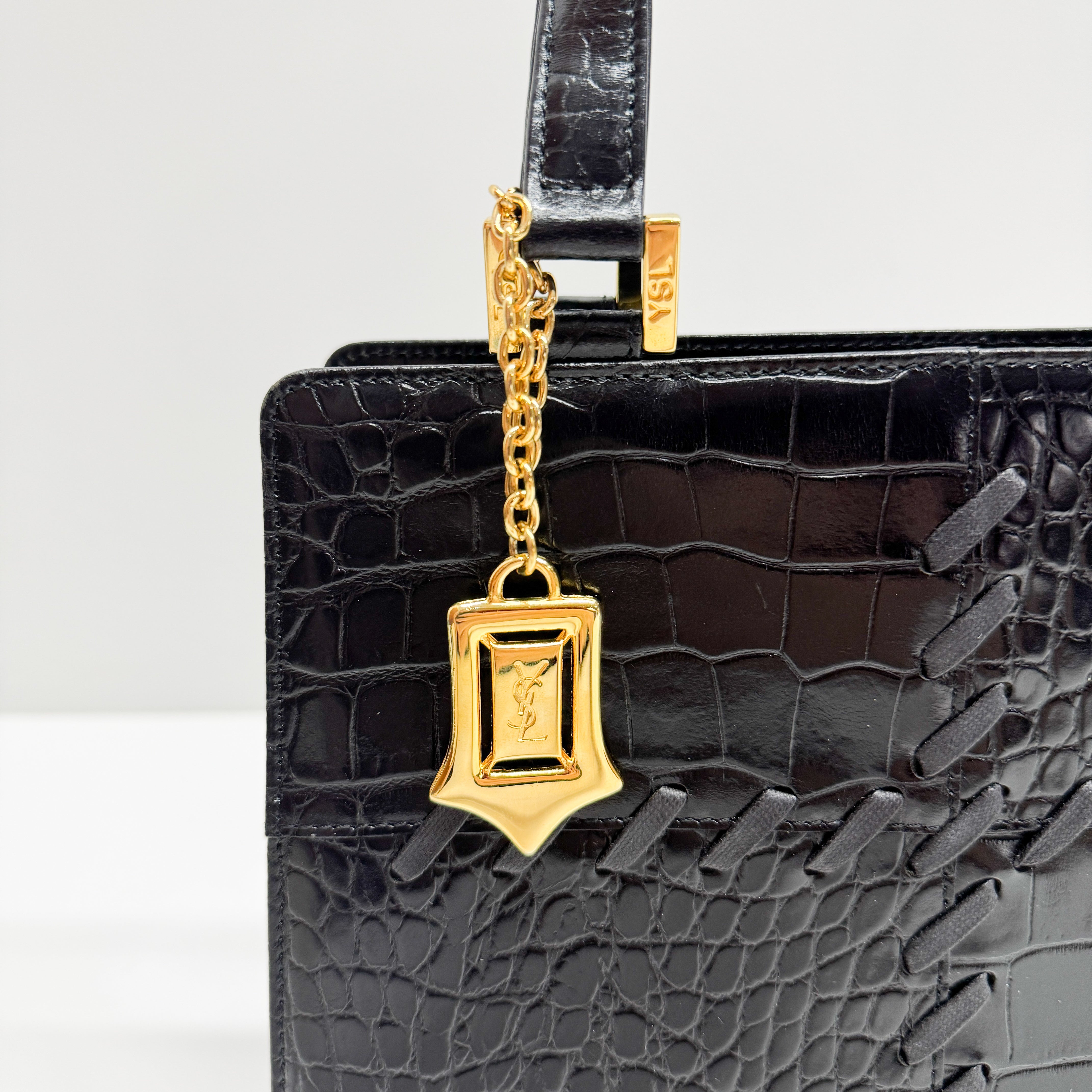 Black Croc Embossed Leather Handbag