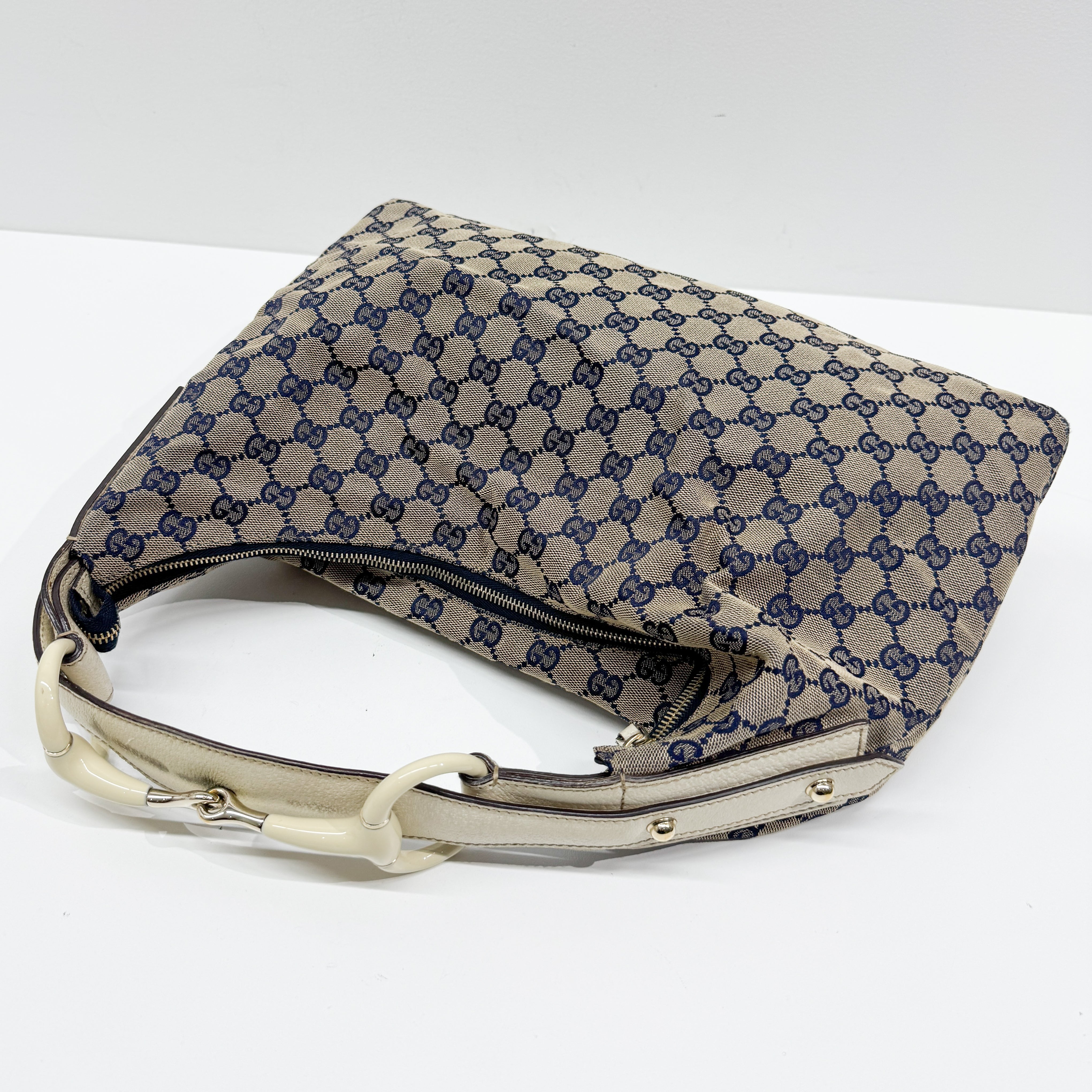 Horsebit Beige Canvas Shoulder Bag