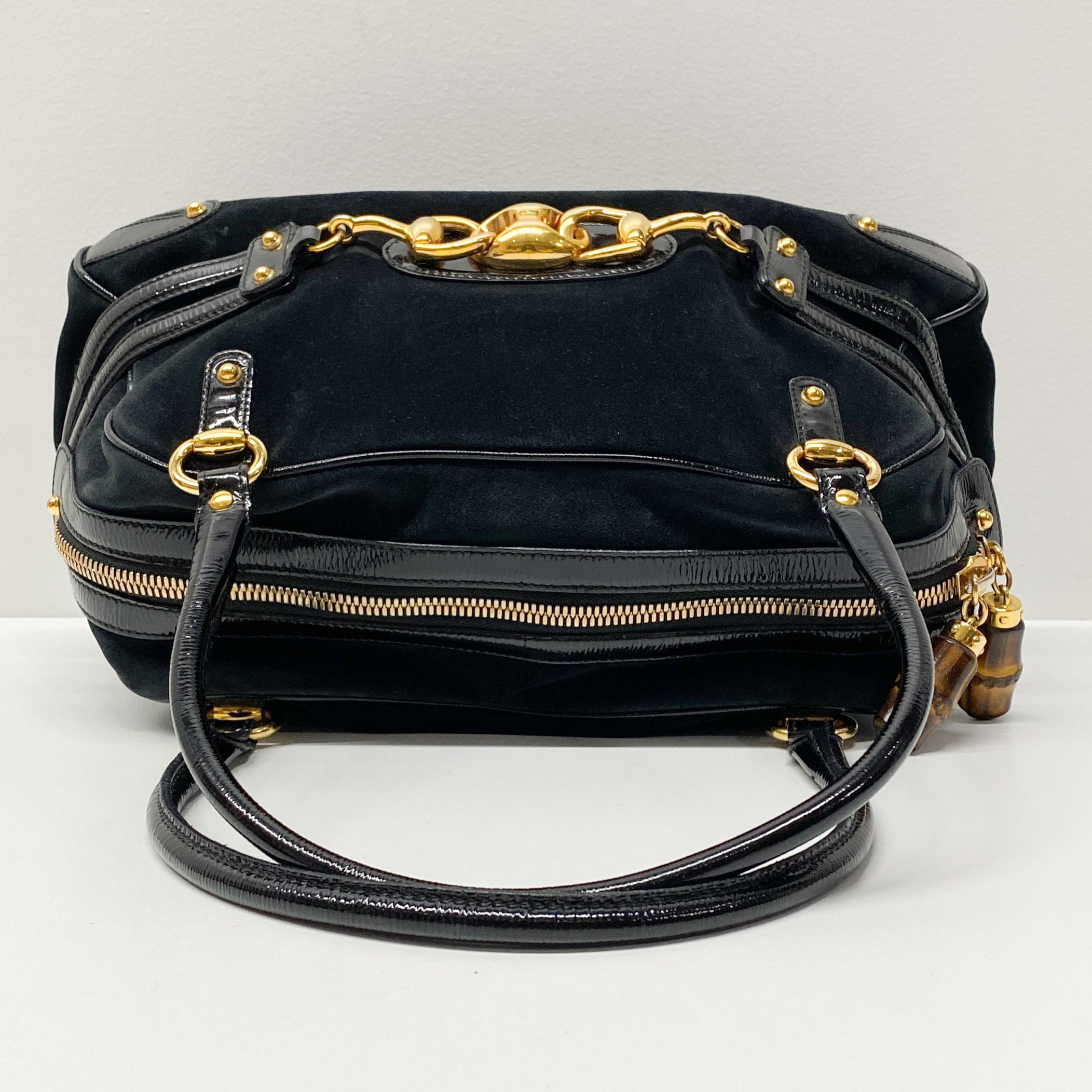 Horsebit Black Suede Boston Bag