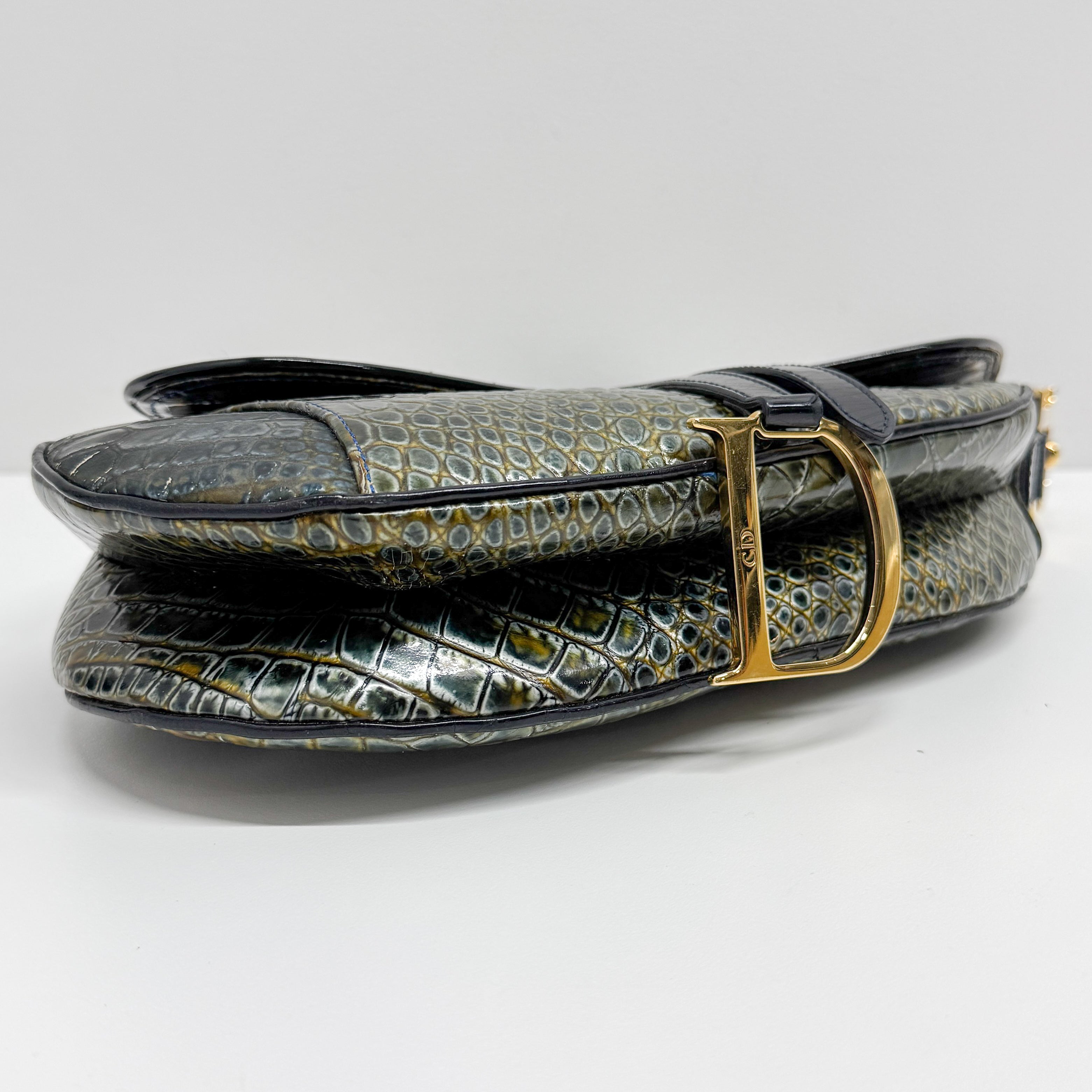 Saddle Olive-Brown Crocodile Embossed Leather Shoulder Bag