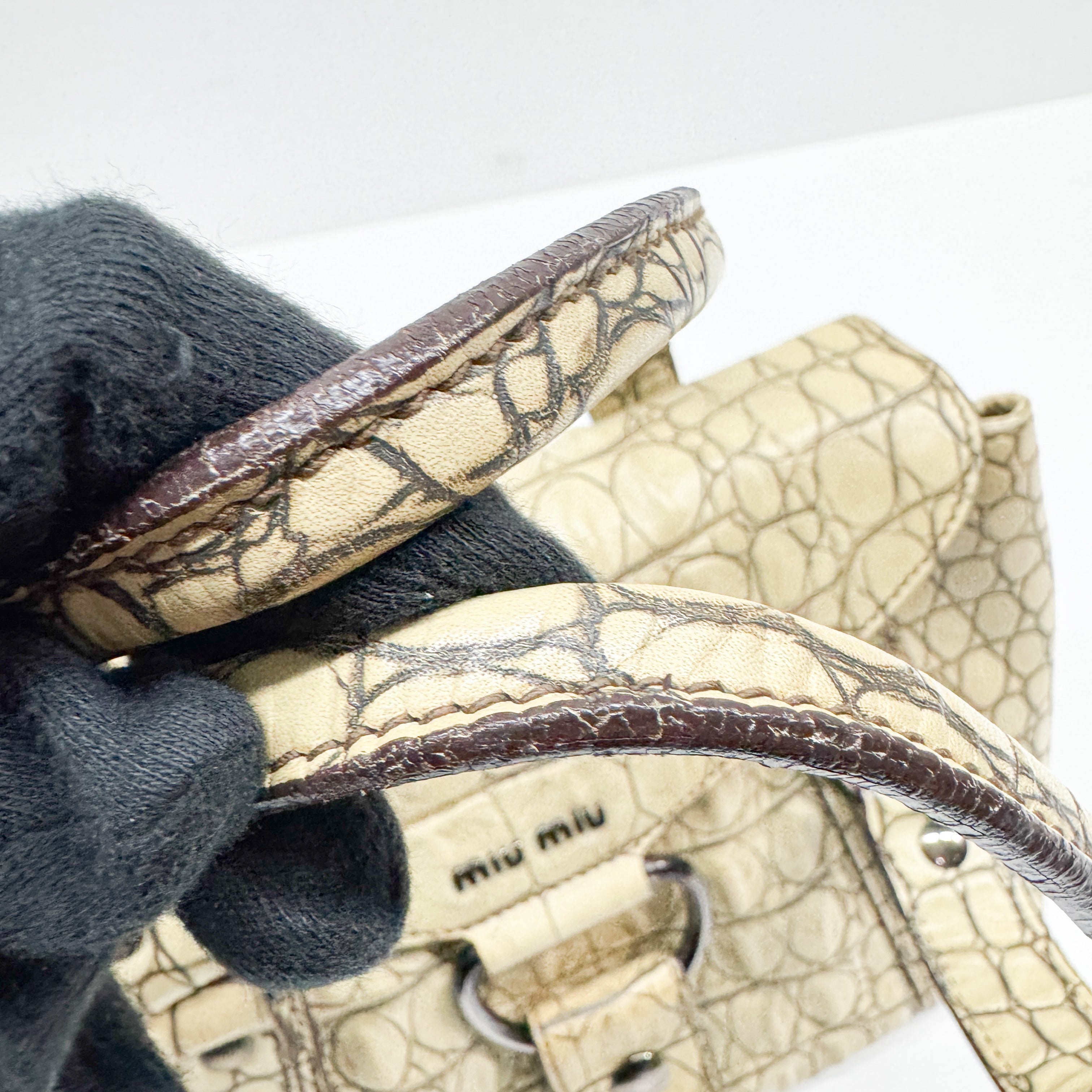 Vintage Beige Croc Embossed Leather Shoulder Bag