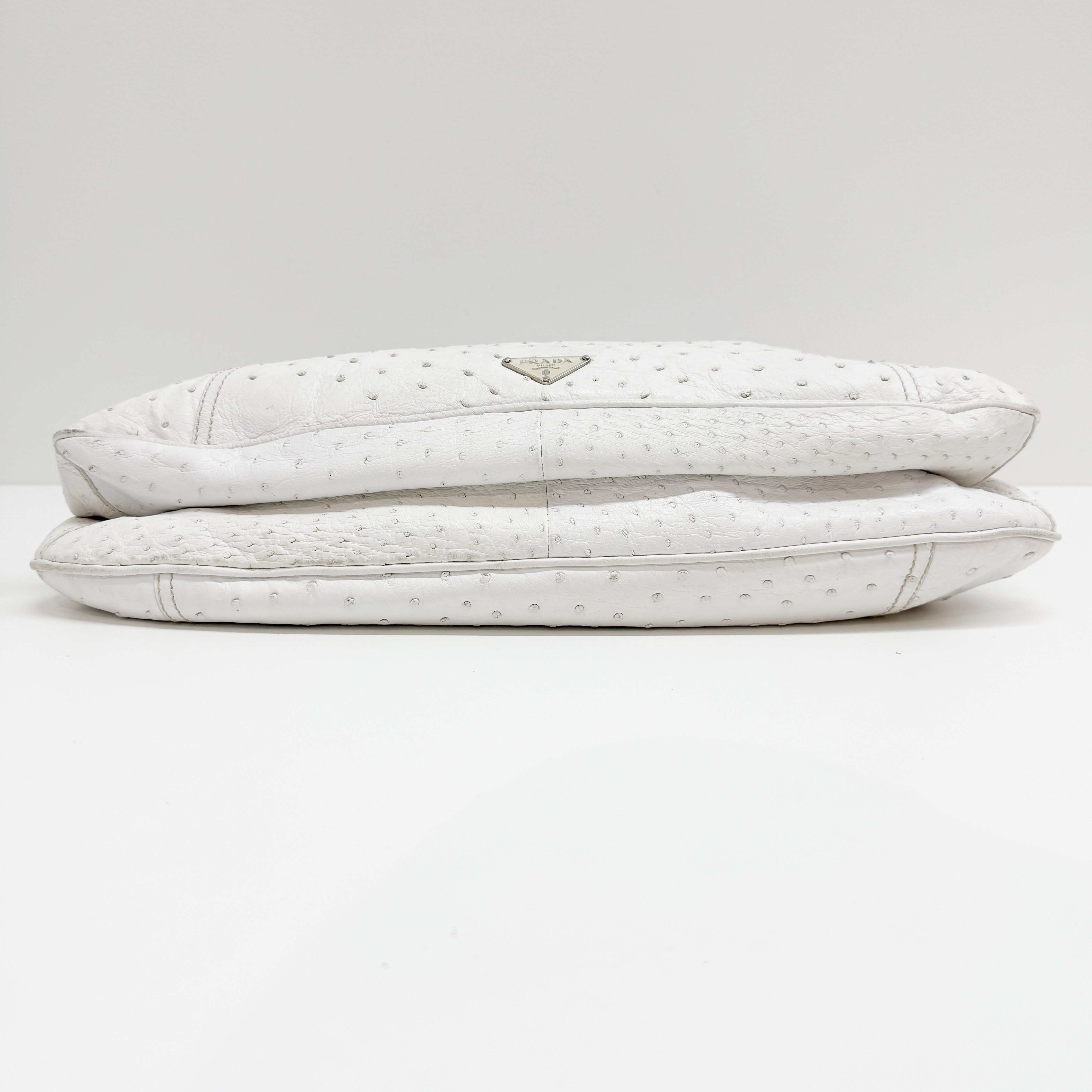 White Ostrich Embossed Leather Shoulder Bag