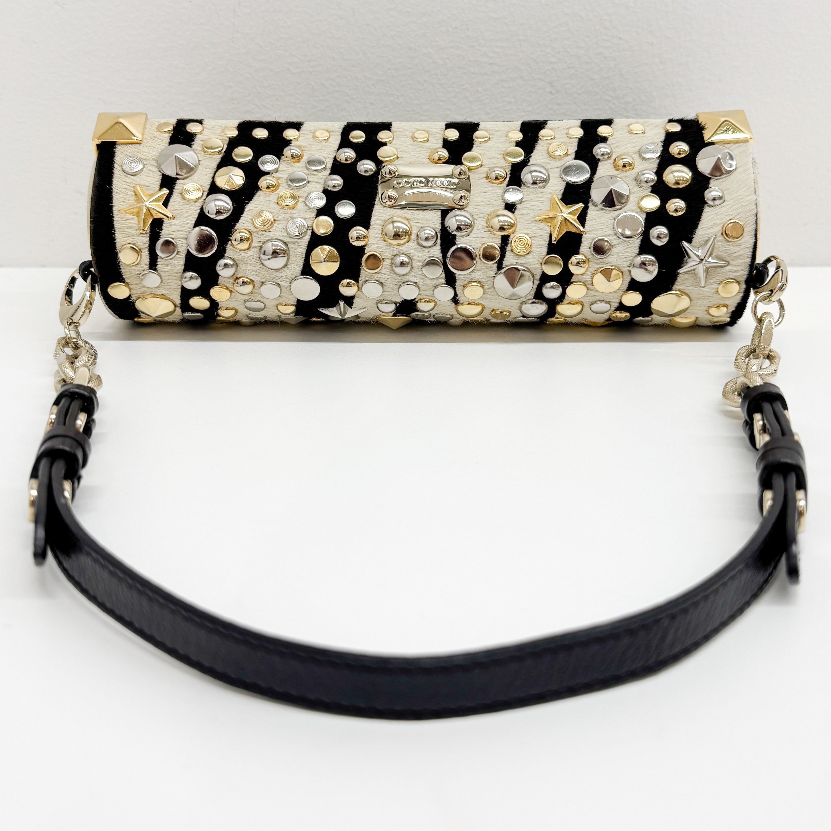 Vintage Black and White Studded Zebra Print Shoulder Bag