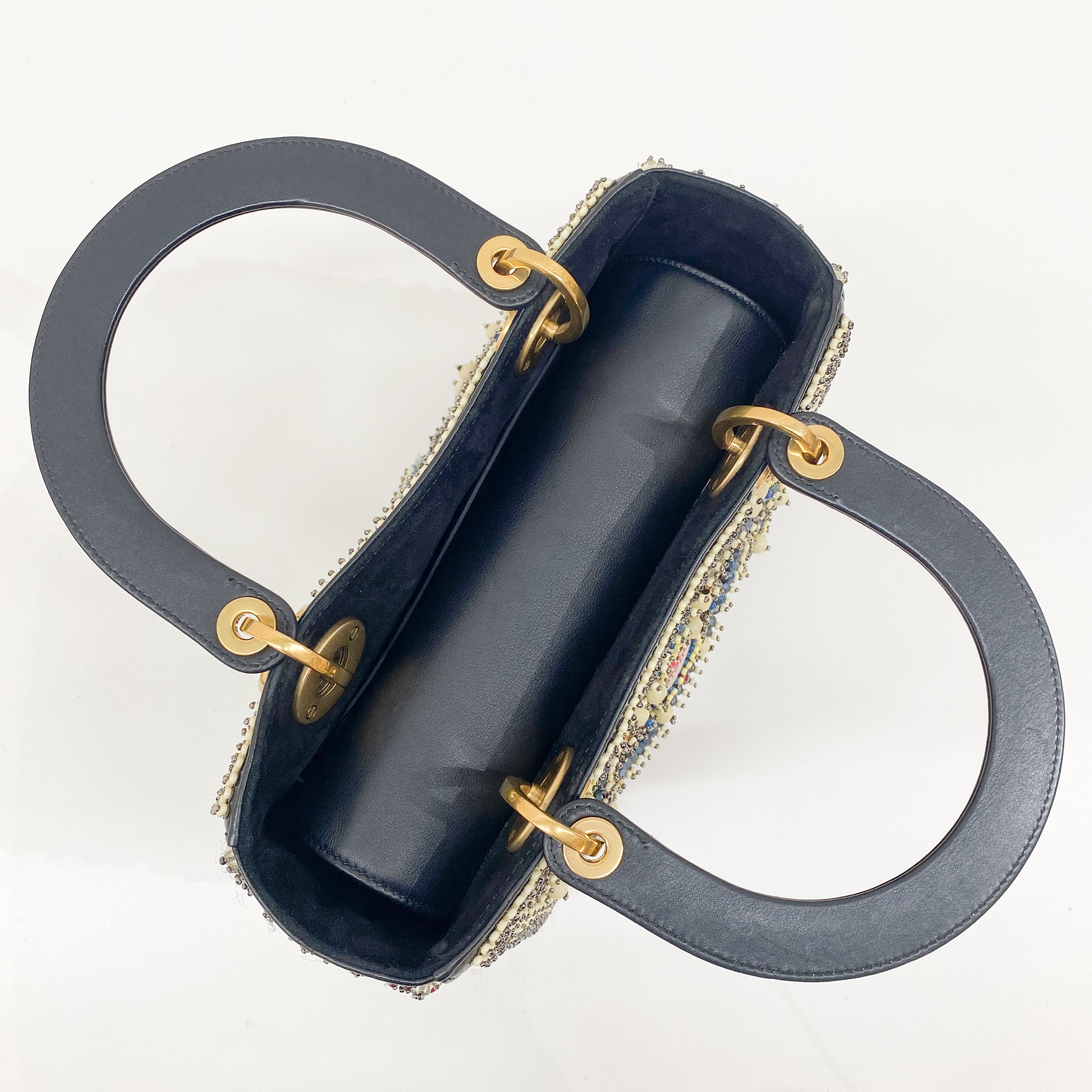 Lady Dior Black Leather Embroided Beads Bag