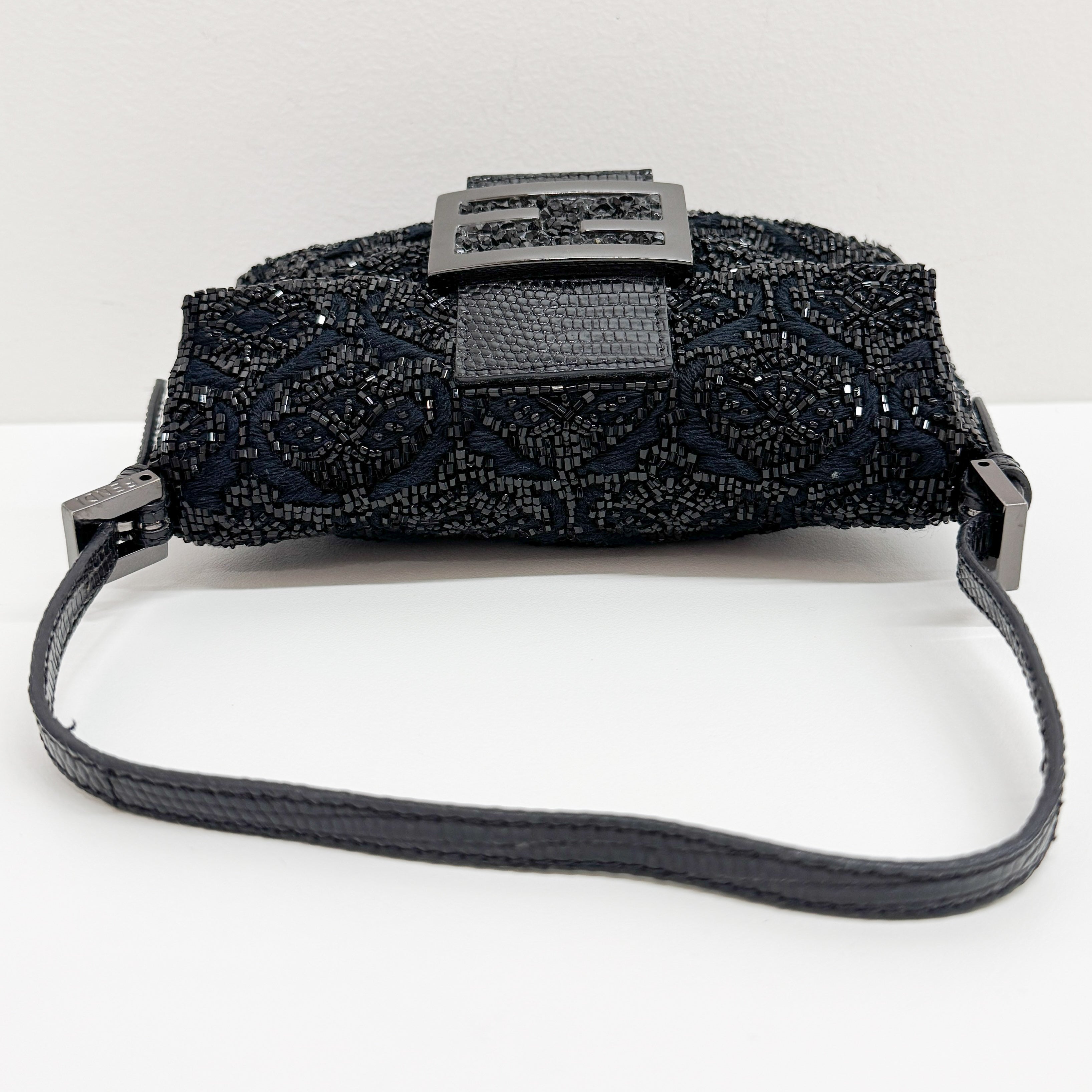 Mini Baguette Rhinestone Hardware Black Beaded Shoulder Bag
